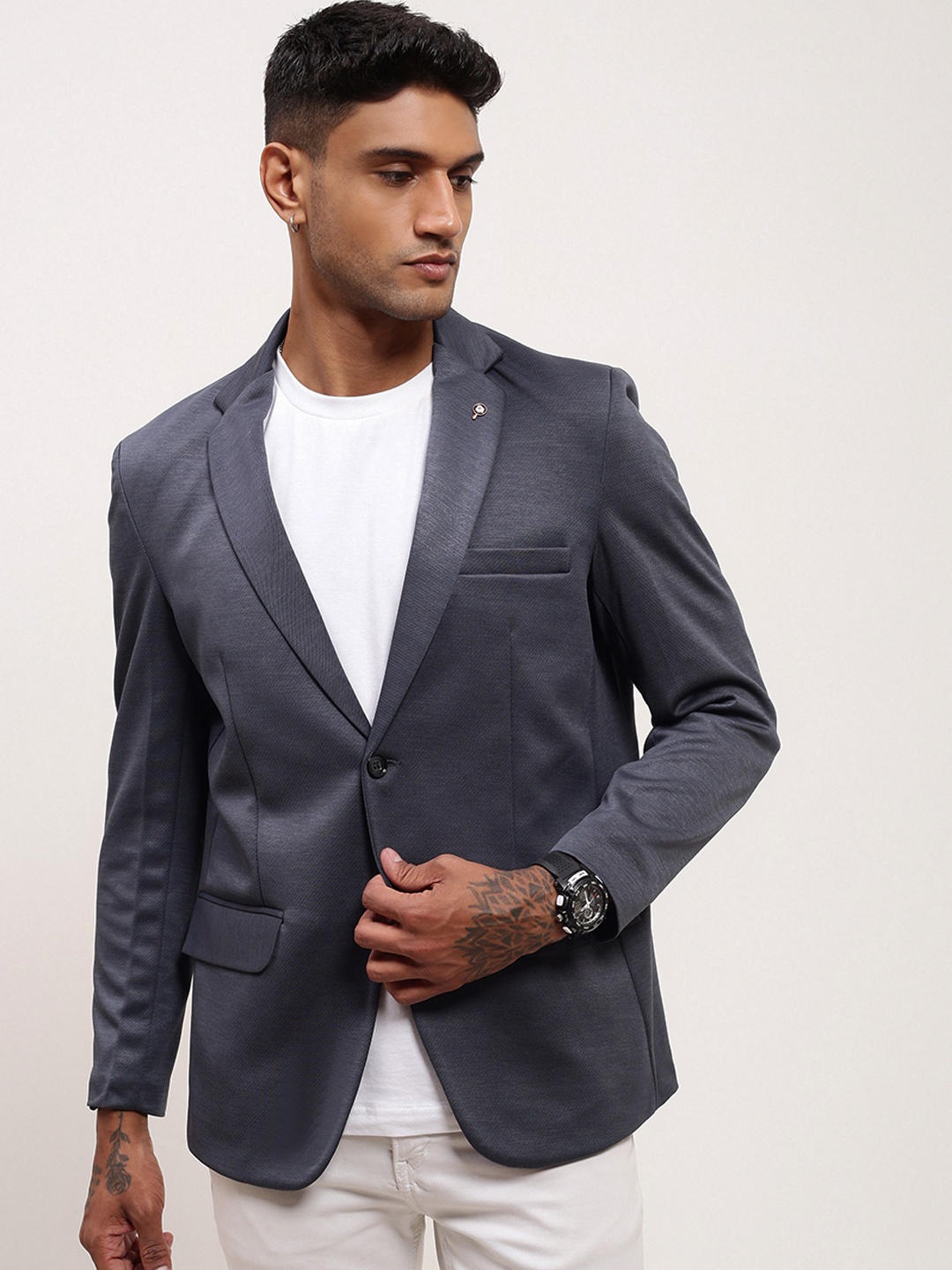 

SHOWOFF Checked Notched Lapel Collar Cotton Slim-Fit Single-Breasted Blazer, Grey