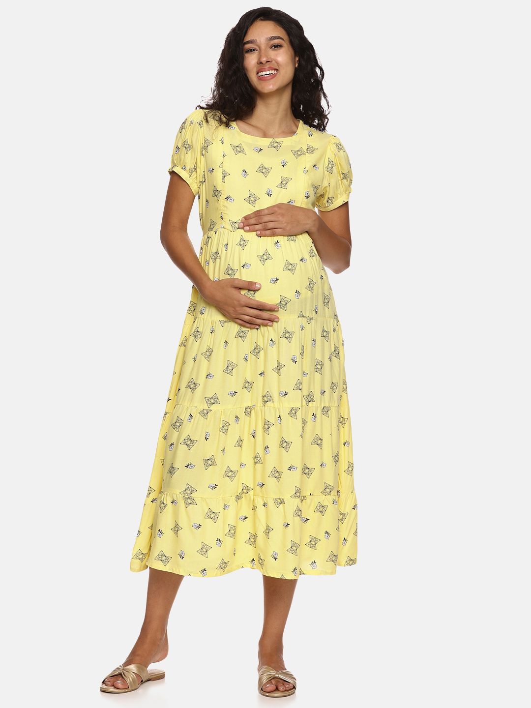 

Nejo Women Floral Print Round Neck Puff Sleeves Maternity A-Line Dress, Yellow