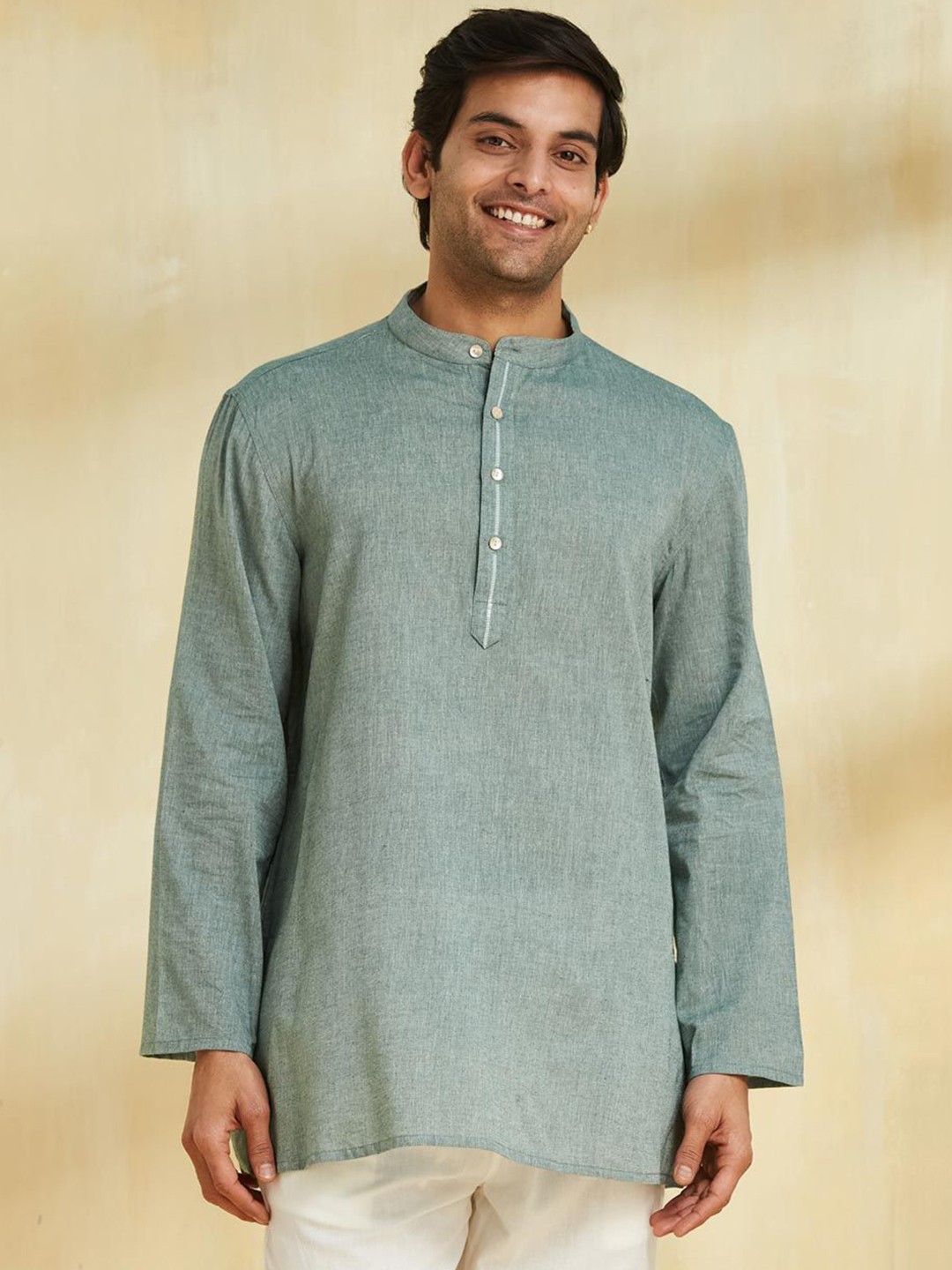 

Fabindia Woven Design Band Collar Cotton Short Kurta, Green