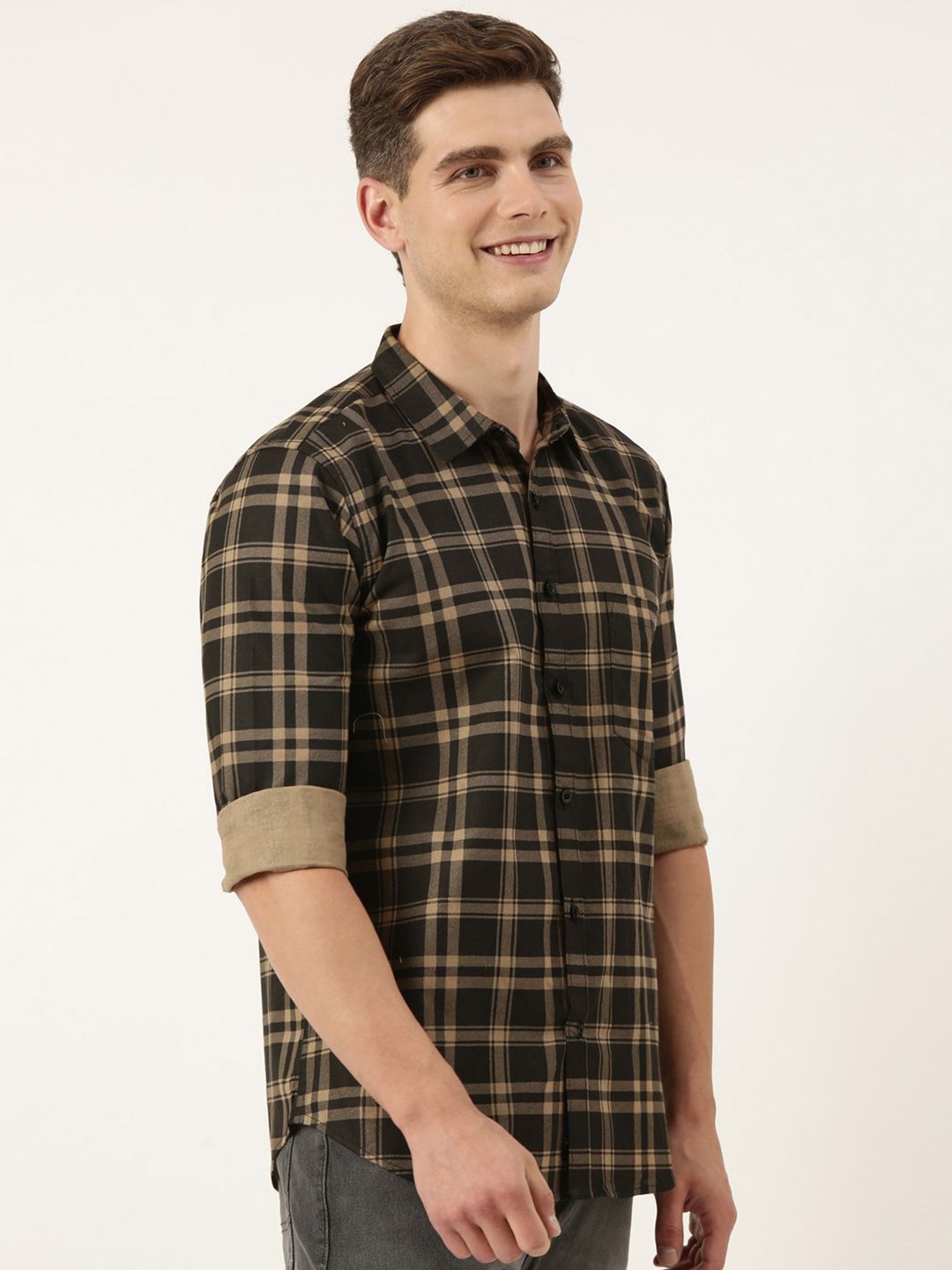 

Metronaut Men Spread Collar Tartan Checked Cotton Casual Shirt, Brown