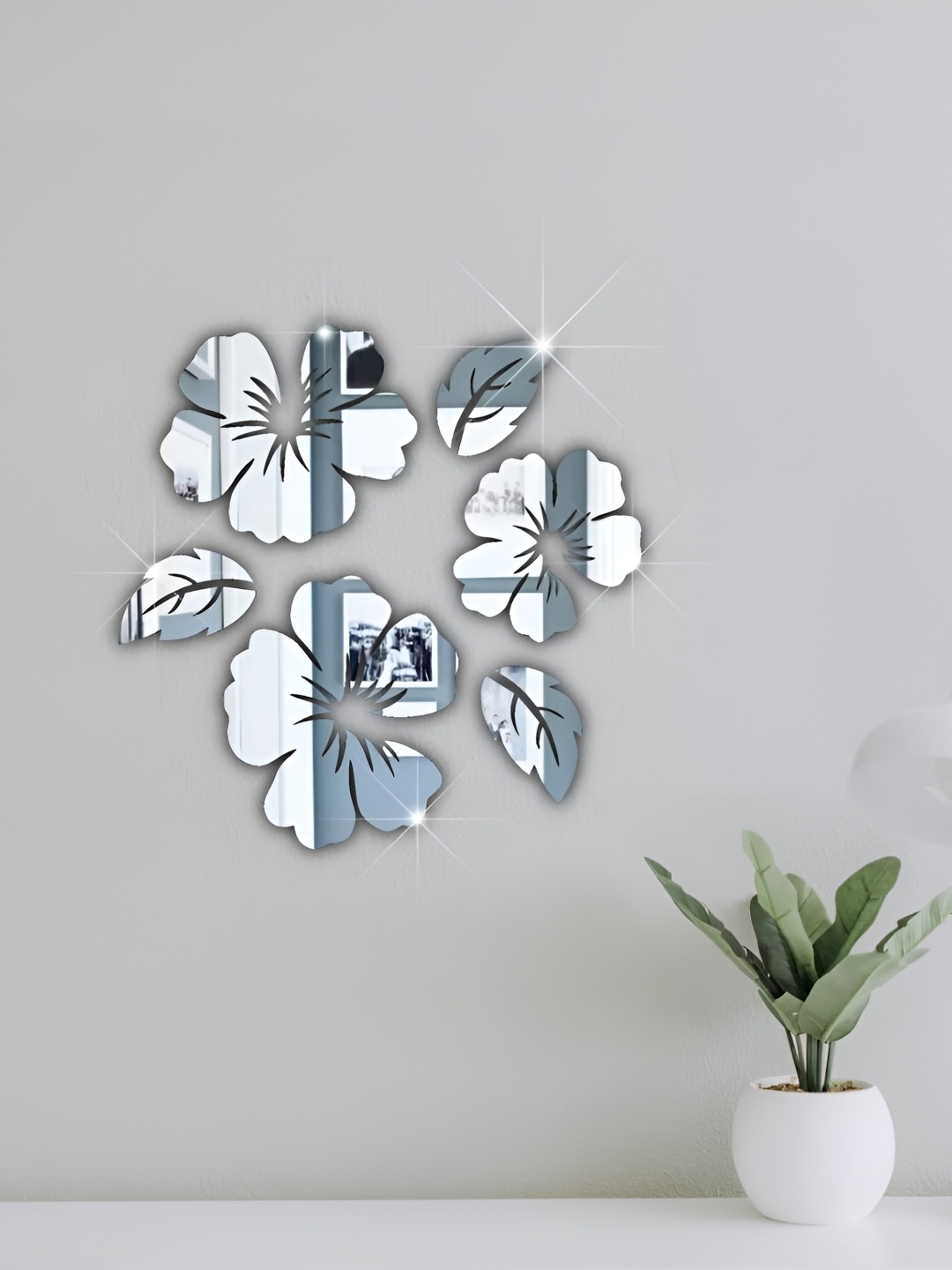 

VAH Kya Bat Hai !! 6 Pcs Flower With Leaves Acrylic Mirror Wall Stickers, Silver