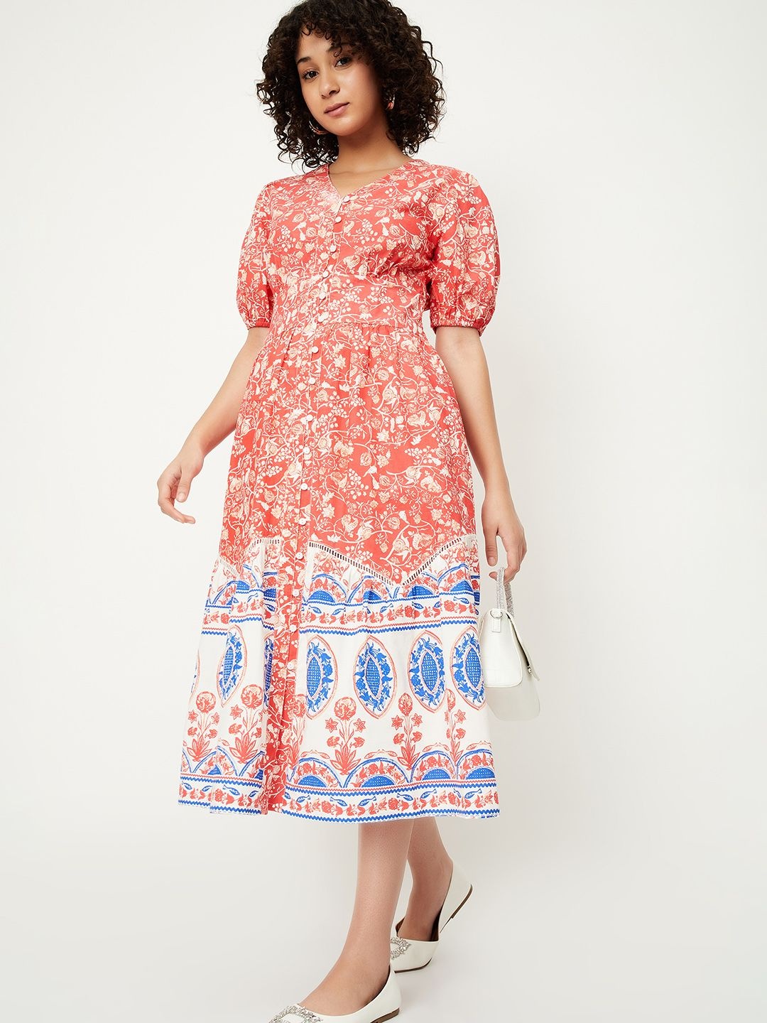 

max Ethnic Motifs Print Puff Sleeve Fit & Flare Midi Dress, Red