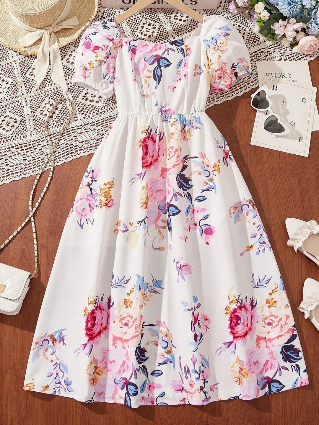 

BAESD Girls Floral Print Fit & Flare Maxi Dress, White
