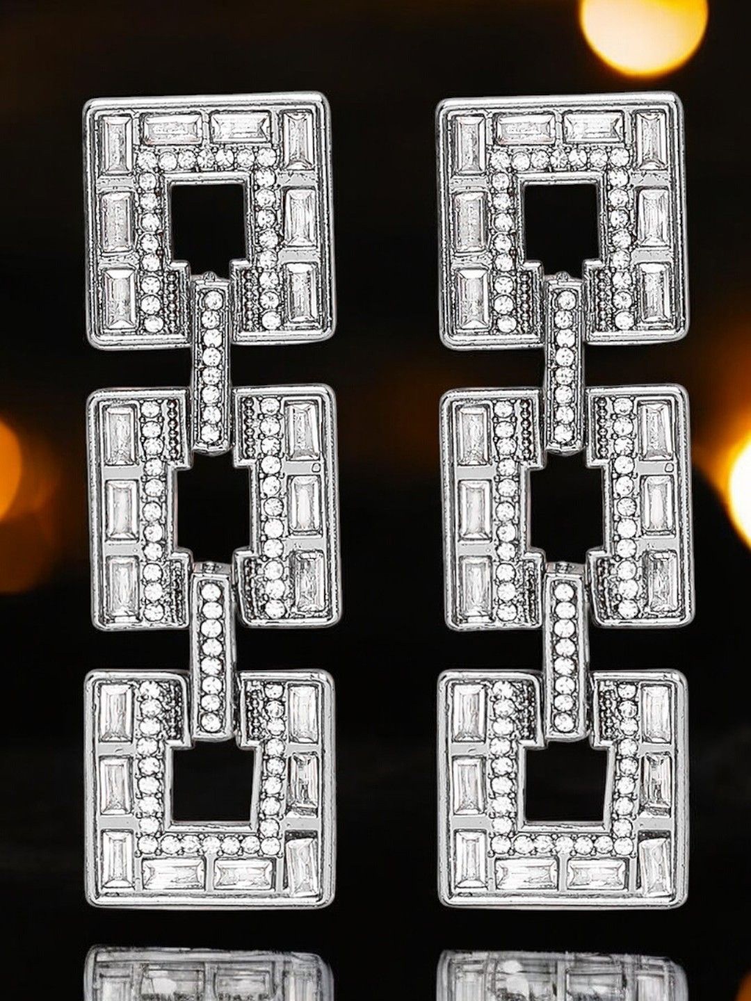 

OOMPH Crystals Studded Square Shaped Drop Earrings, Silver