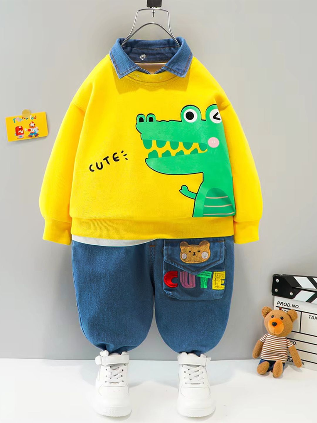 

Bold N Elegant Boys Allegator Print Collared T-shirt With Jeans, Yellow