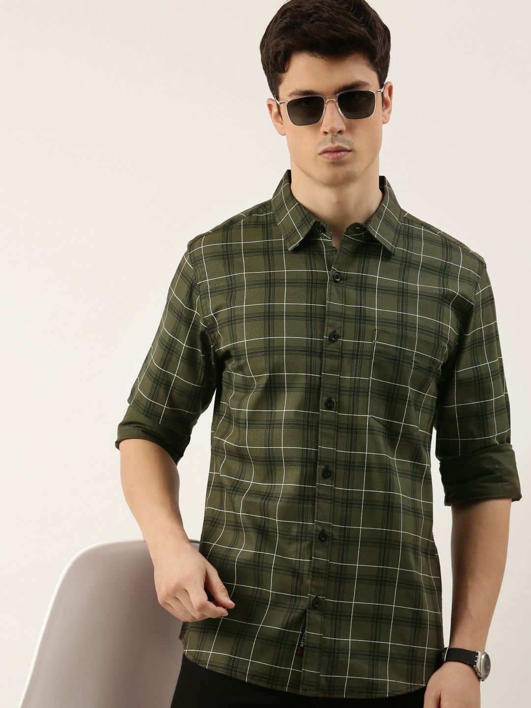 

Metronaut Men Spread Collar Tartan Checked Cotton Casual Shirt, Olive