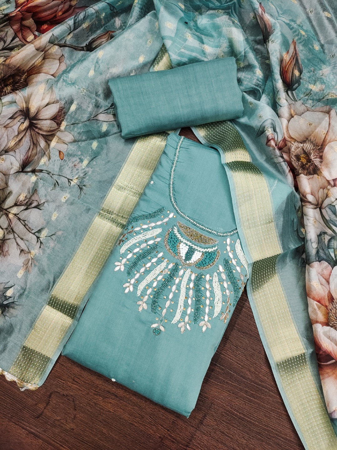 

ASISA Floral Embroidered Beads And Stones Unstitched Dress Material, Turquoise blue