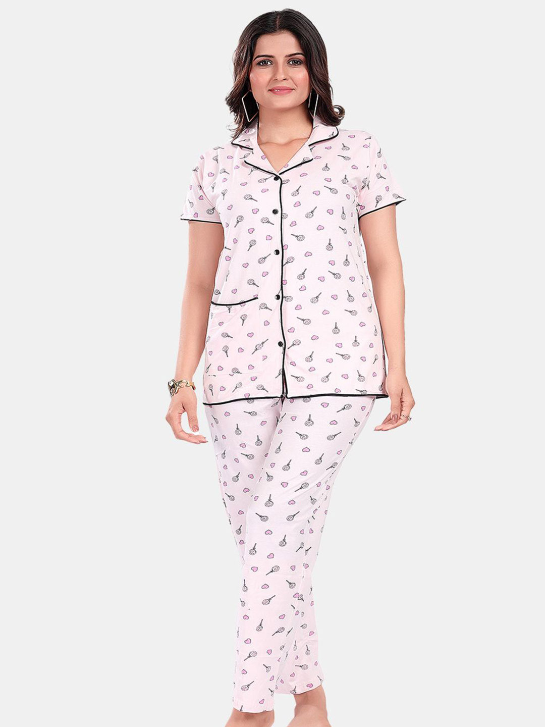 

SWEET MOON Printed Short Sleeves Shirt With Pyjama, Pink