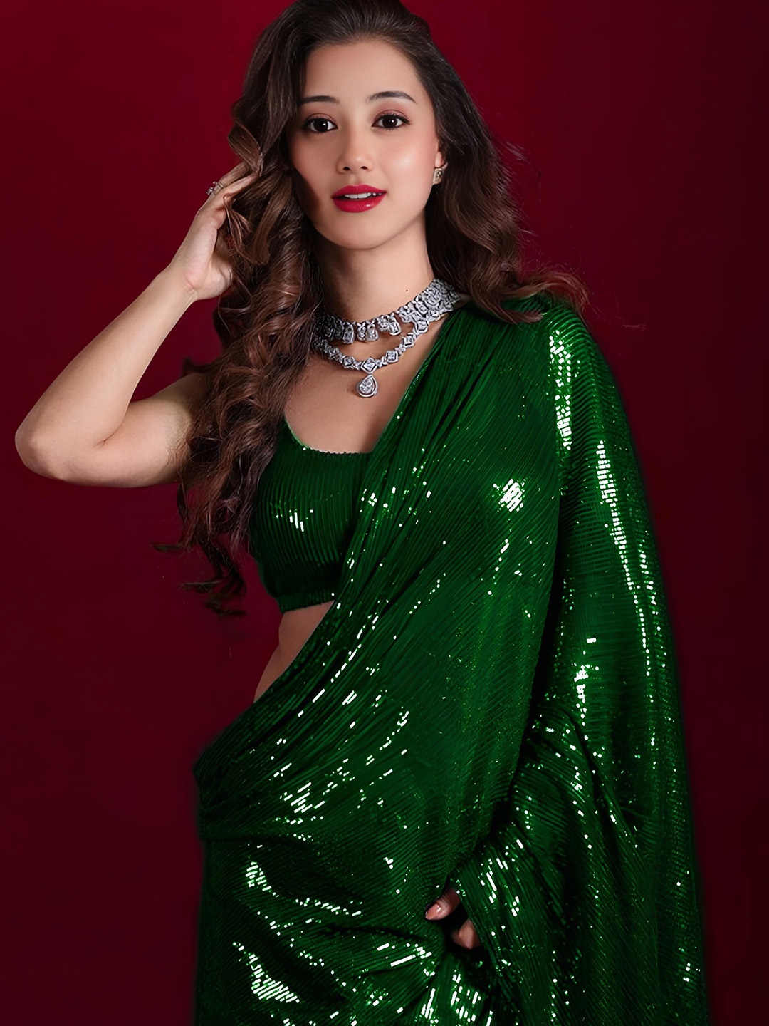 

ANJANI TEXTILE Embellished Sequinned Poly Georgette Heavy Work Saree, Green