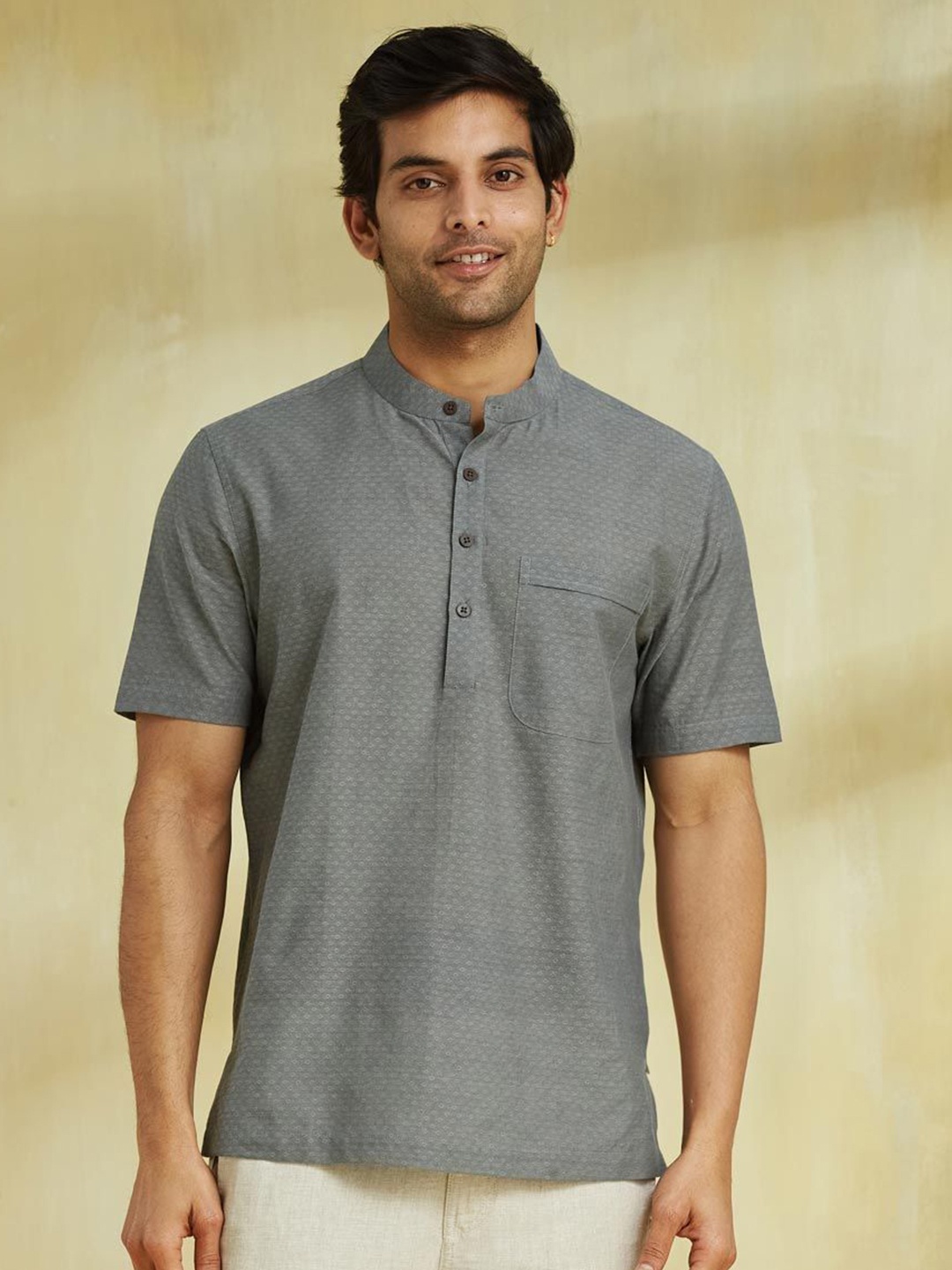 

Fabindia Men Relaxed Fit Band Collar Textured Cotton Casual Shirt, Grey