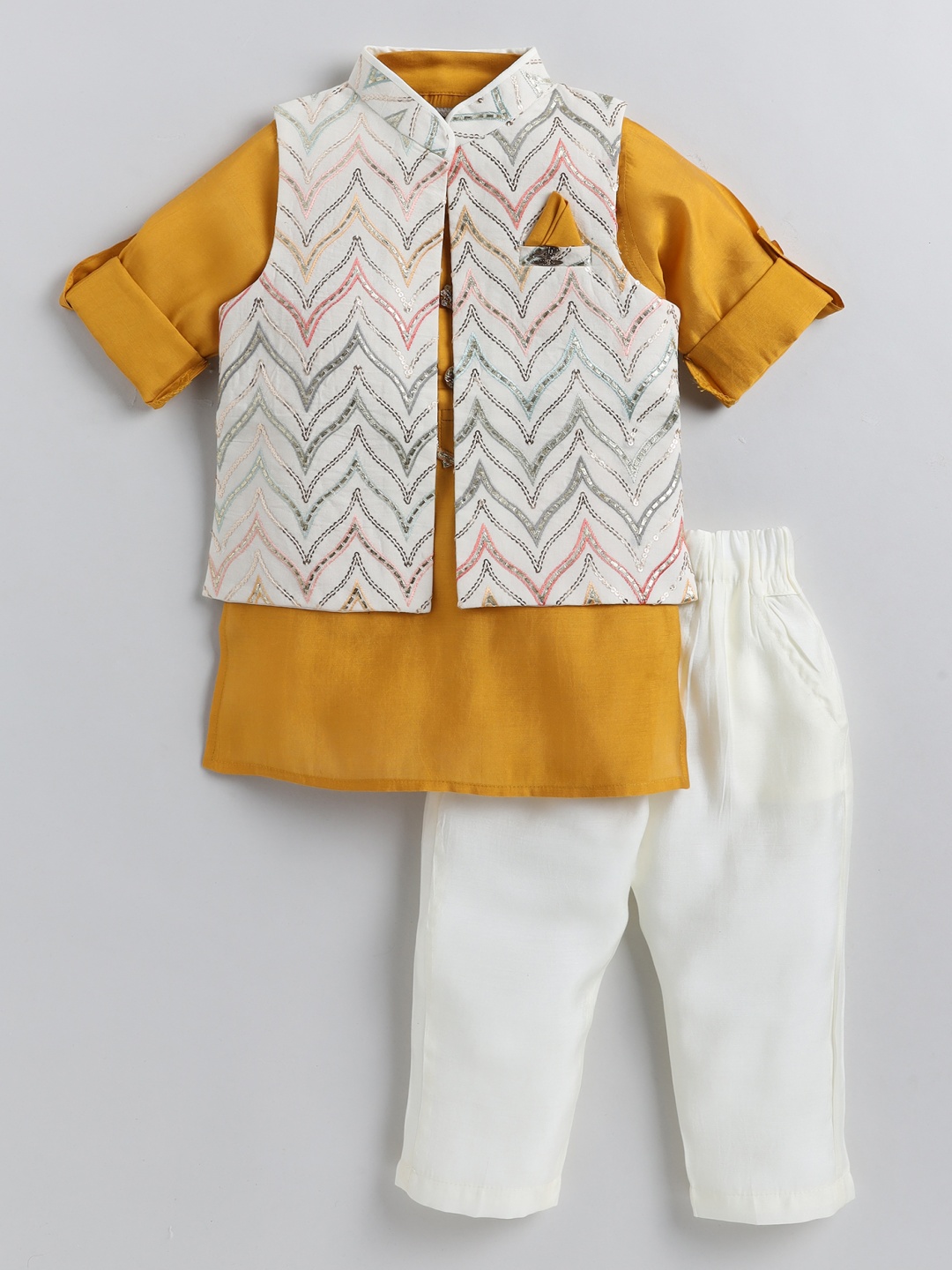 

LITTLE COLLARS Boys Mandarin Collar Straight Kurta With Trouser & Nehru Jacket, Mustard