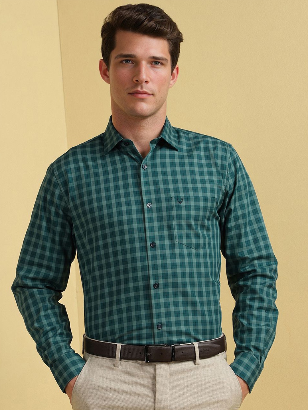 

Allen Solly Men Slim Fit Opaque Checked Formal Shirt, Green