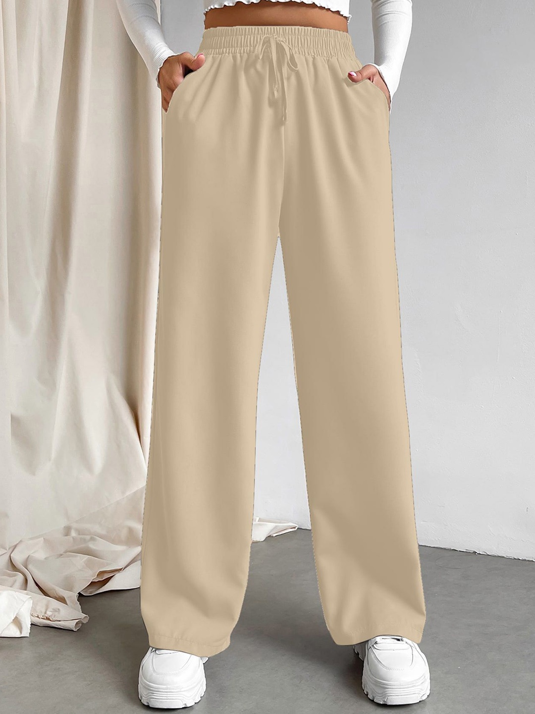 

AAHWAN Women Loose Fit High-Rise Parallel Trousers, Beige