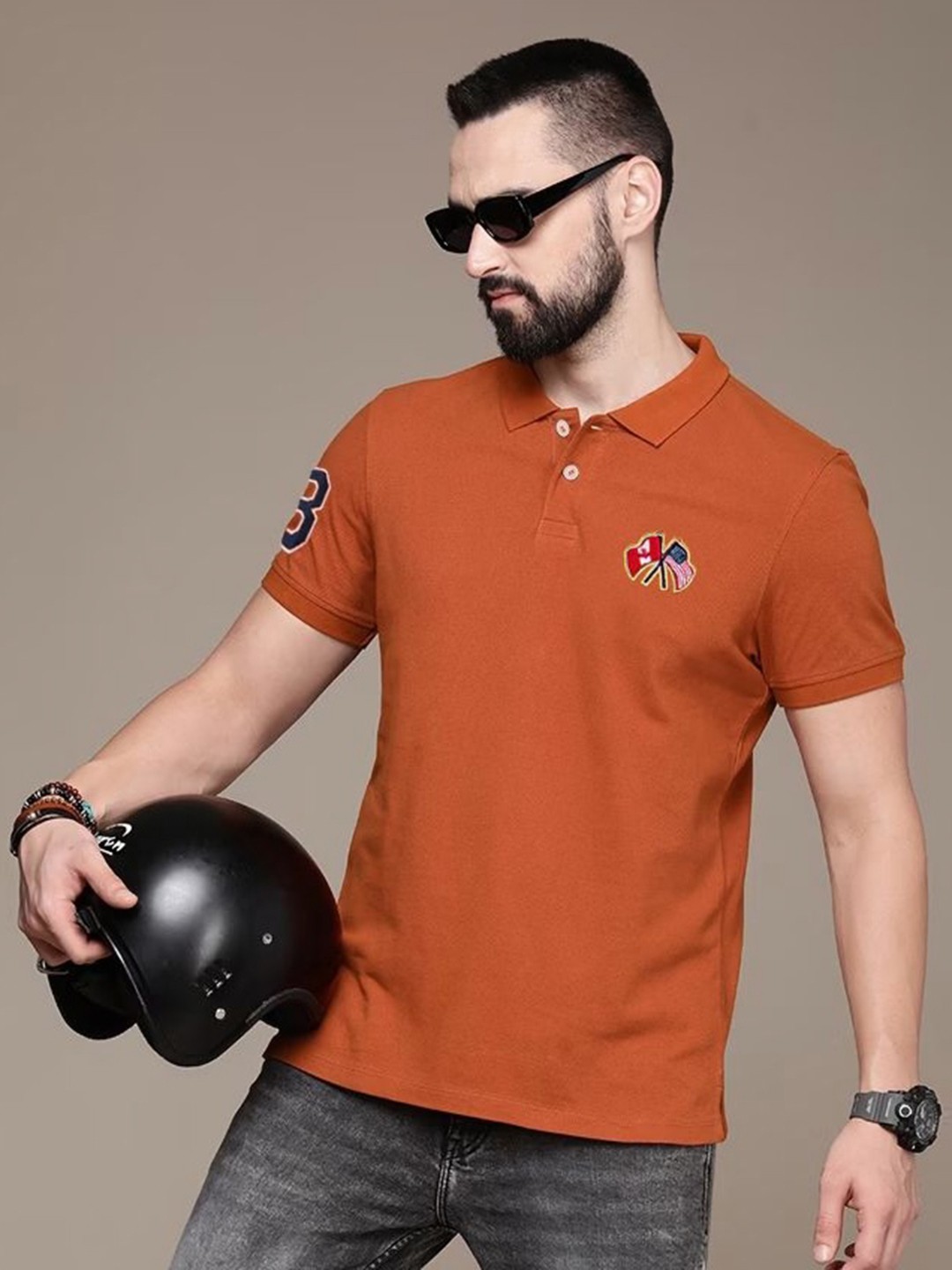 

MERRIMENT Men Solid Polo Collar Cotton T-shirt, Rust