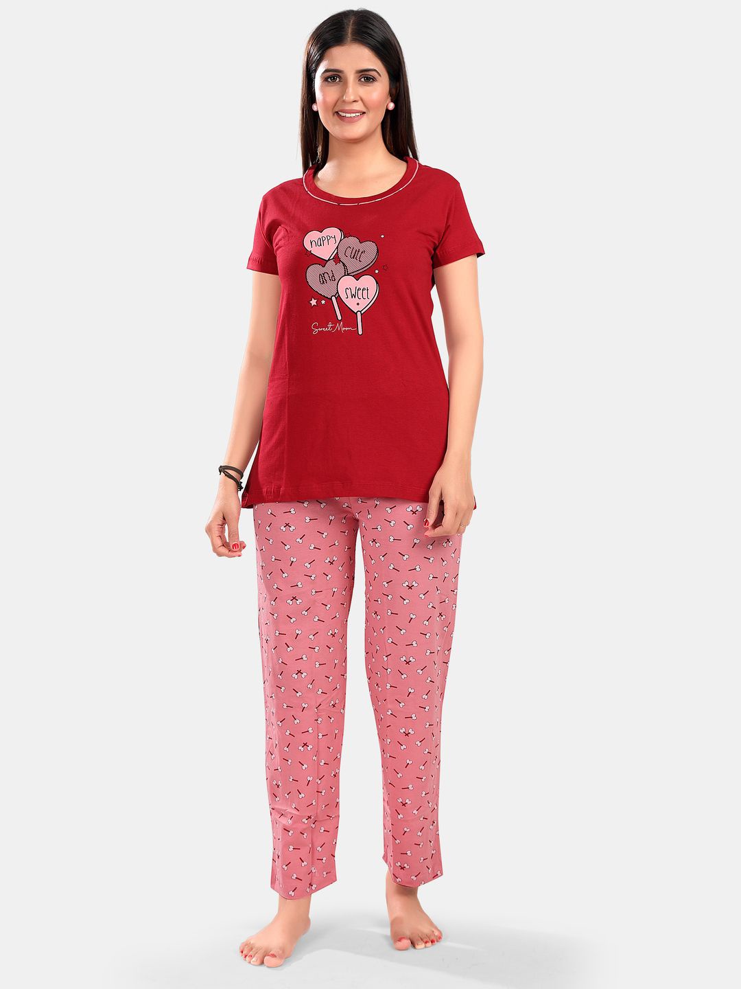 

SWEET MOON Printed Round Neck T-Shirt With Pyjama, Red