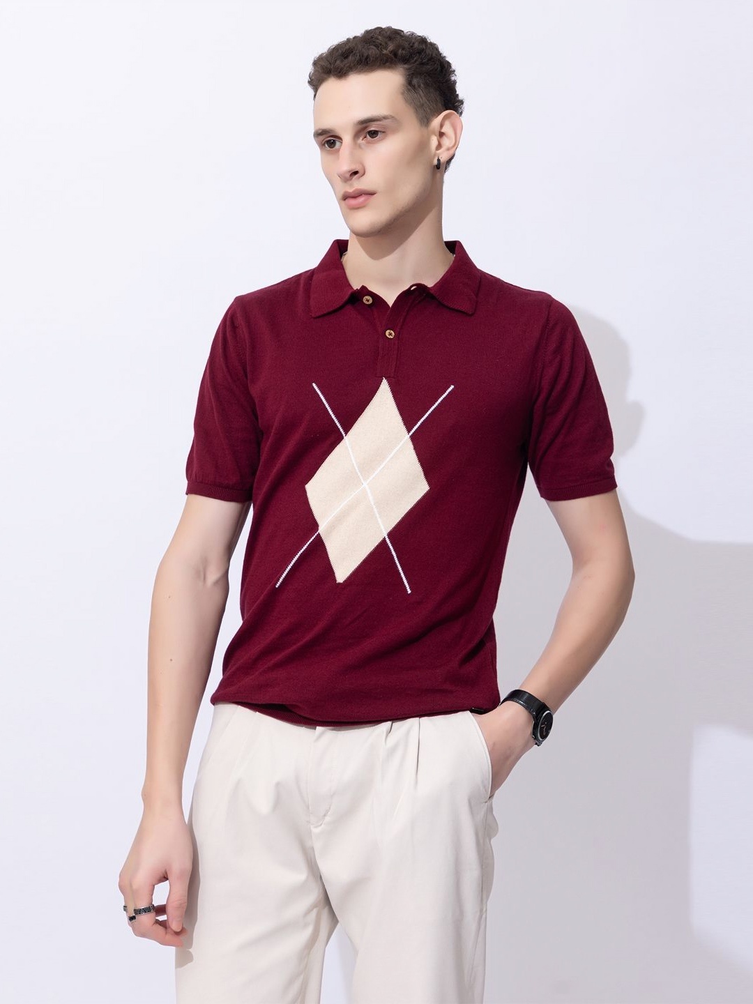 

ARMISTO Men Argyle Knit Polo Collar Cotton T-shirt, Maroon