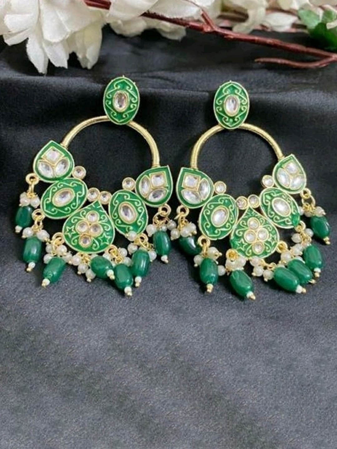 

MADDY SPACE Gold-Plated Artificial Stones Studded And Beaded Contemporary Drop Earrings, Green