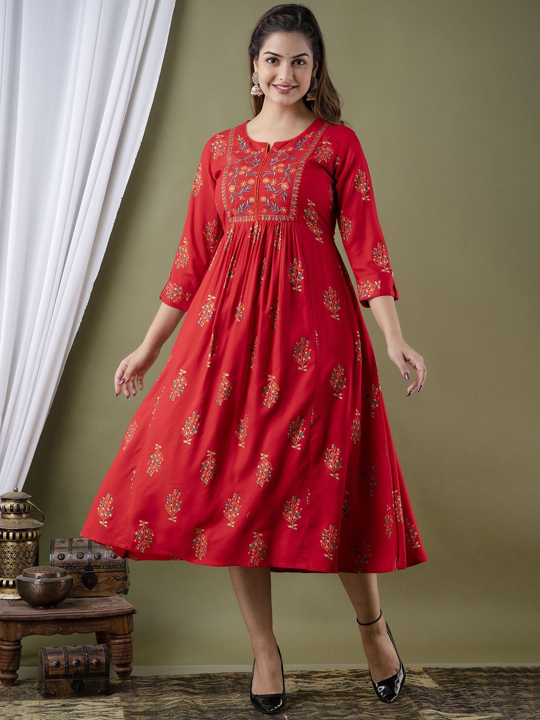 

Dipani Floral Printed Embroidered Thread Work Anarkali Kurta, Red