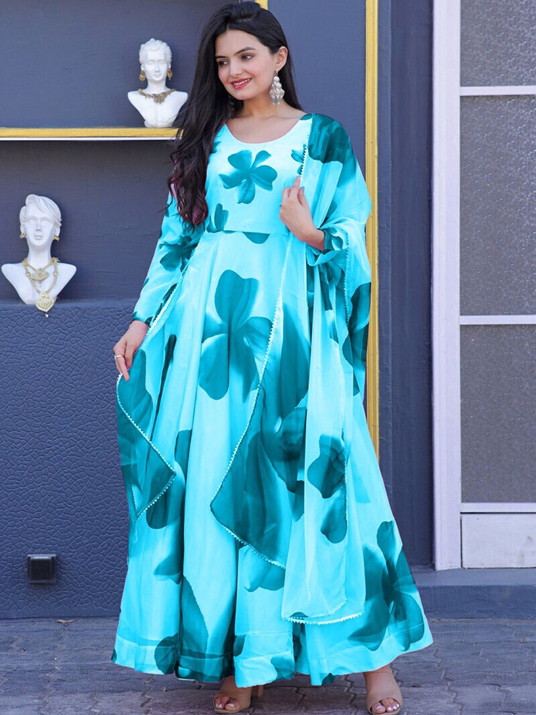 

Raiyani Enterprise Floral Print Crepe Fit & Flare Maxi Dress, Blue
