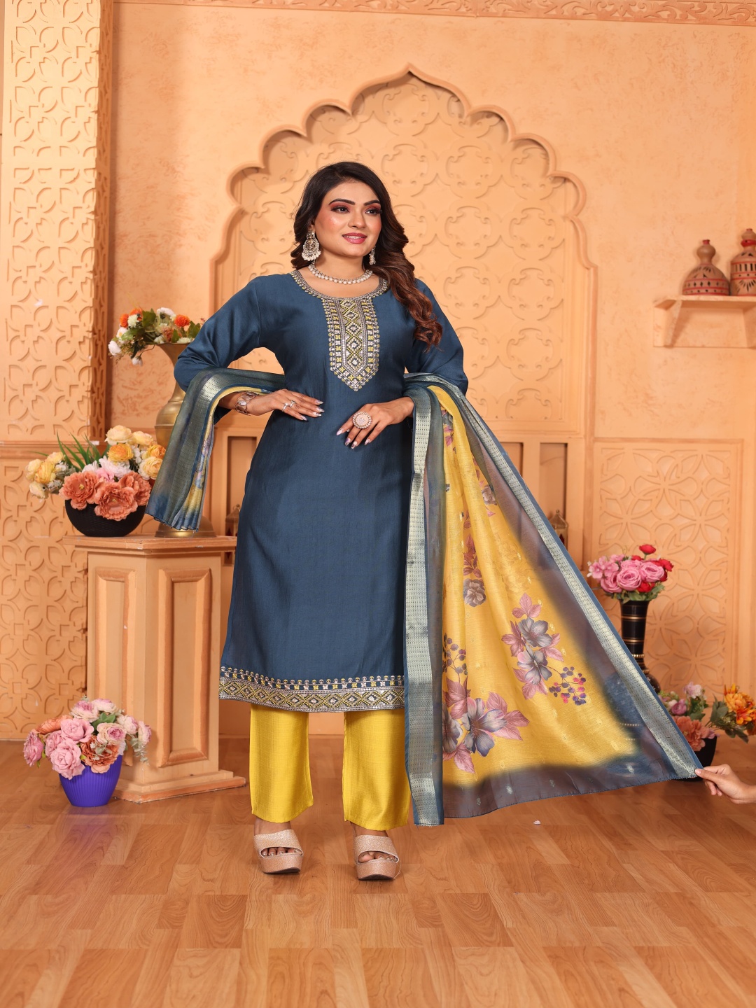 

Maheesha Floral Embroidered Round Neck Kurta With Trousers And Dupatta, Navy blue