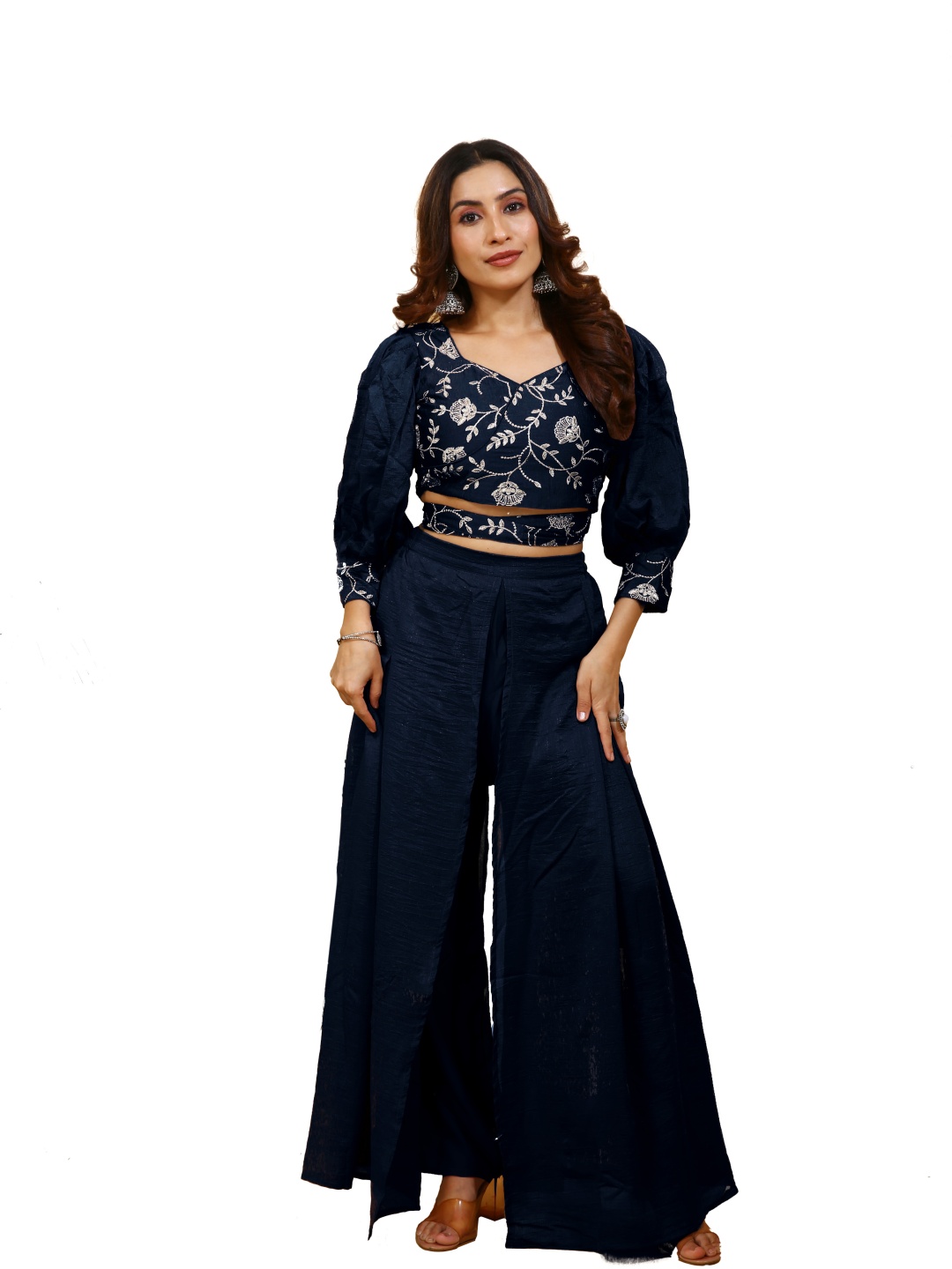 

SANCIA Sweetheart Neck Embroidered Ethnic Crop Top With Palazzo, Navy blue