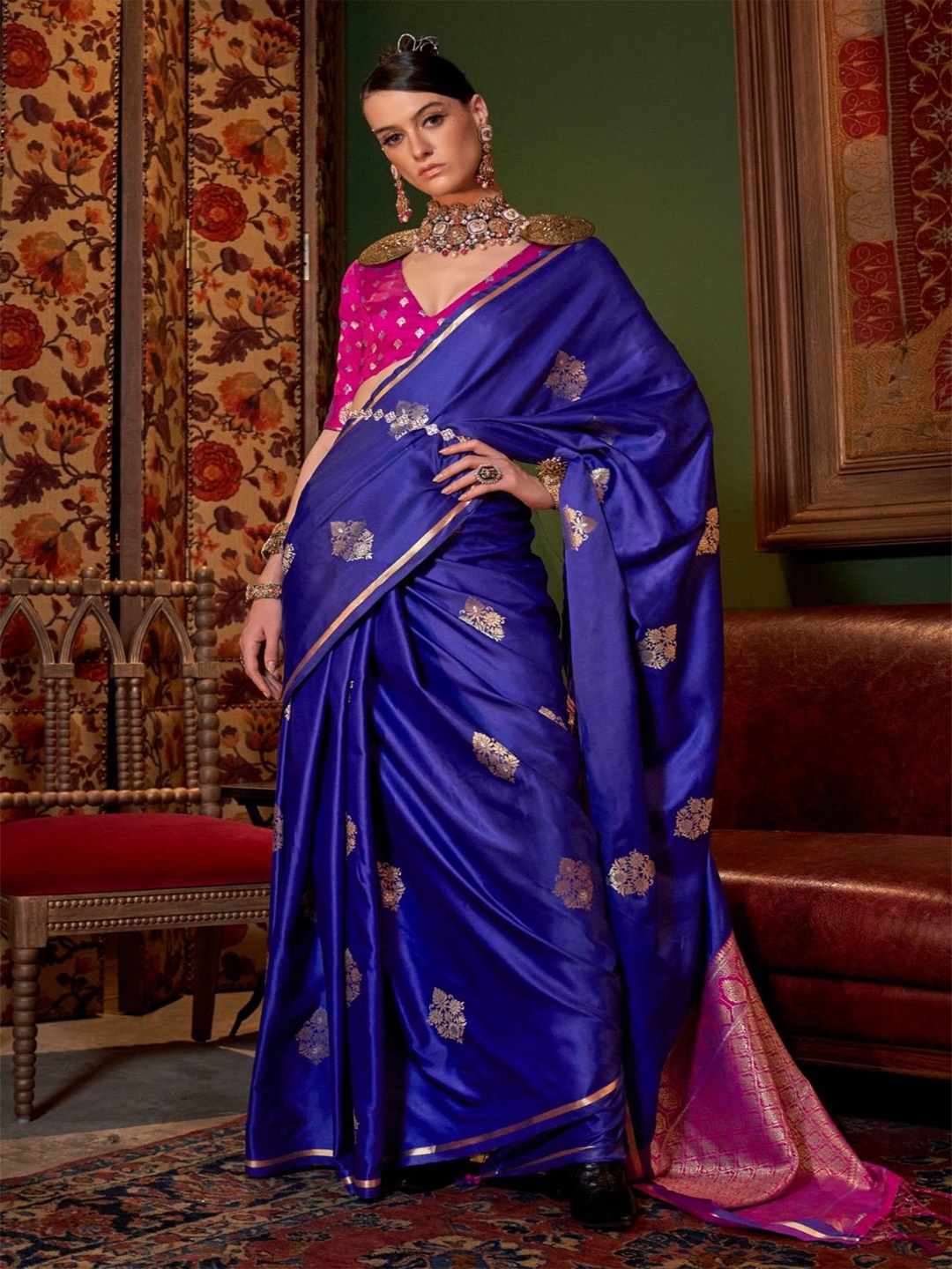 

BLENDIFY Woven Design Zari Satin Banarasi Saree, Blue