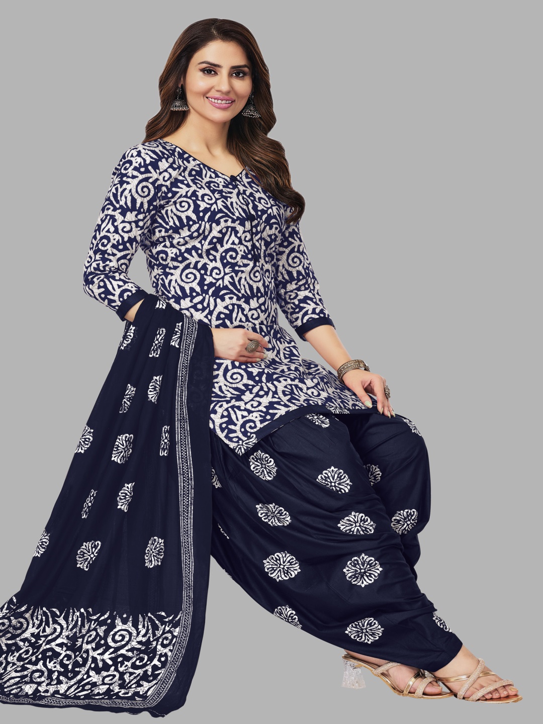 

shree jeenmata collection Printed Pure Cotton Unstitched Dress Material, Blue