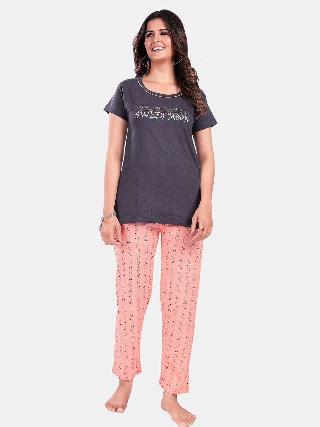 

SWEET MOON Printed Round Neck Night suit, Grey