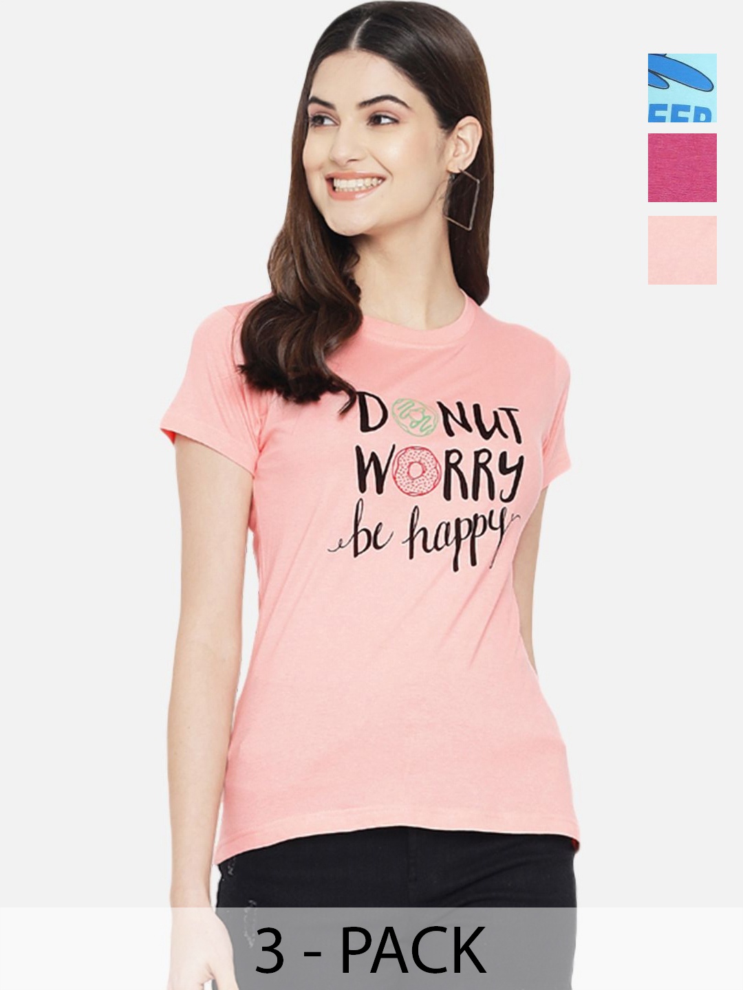 

Dreambe Women Pack Of 3 Typography Printed Round Neck Cotton T-shirts, Peach