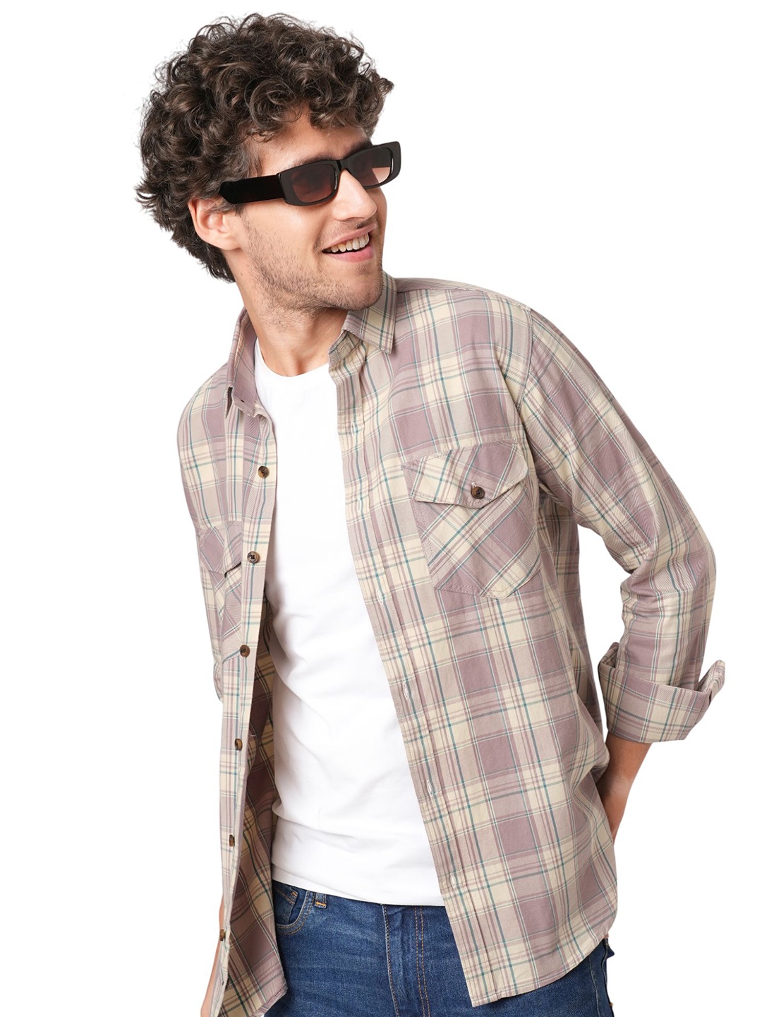 

TRYBUY.IN Men Standard Fit Spread Collar Tartan Checked Cotton Casual Shirt, Beige