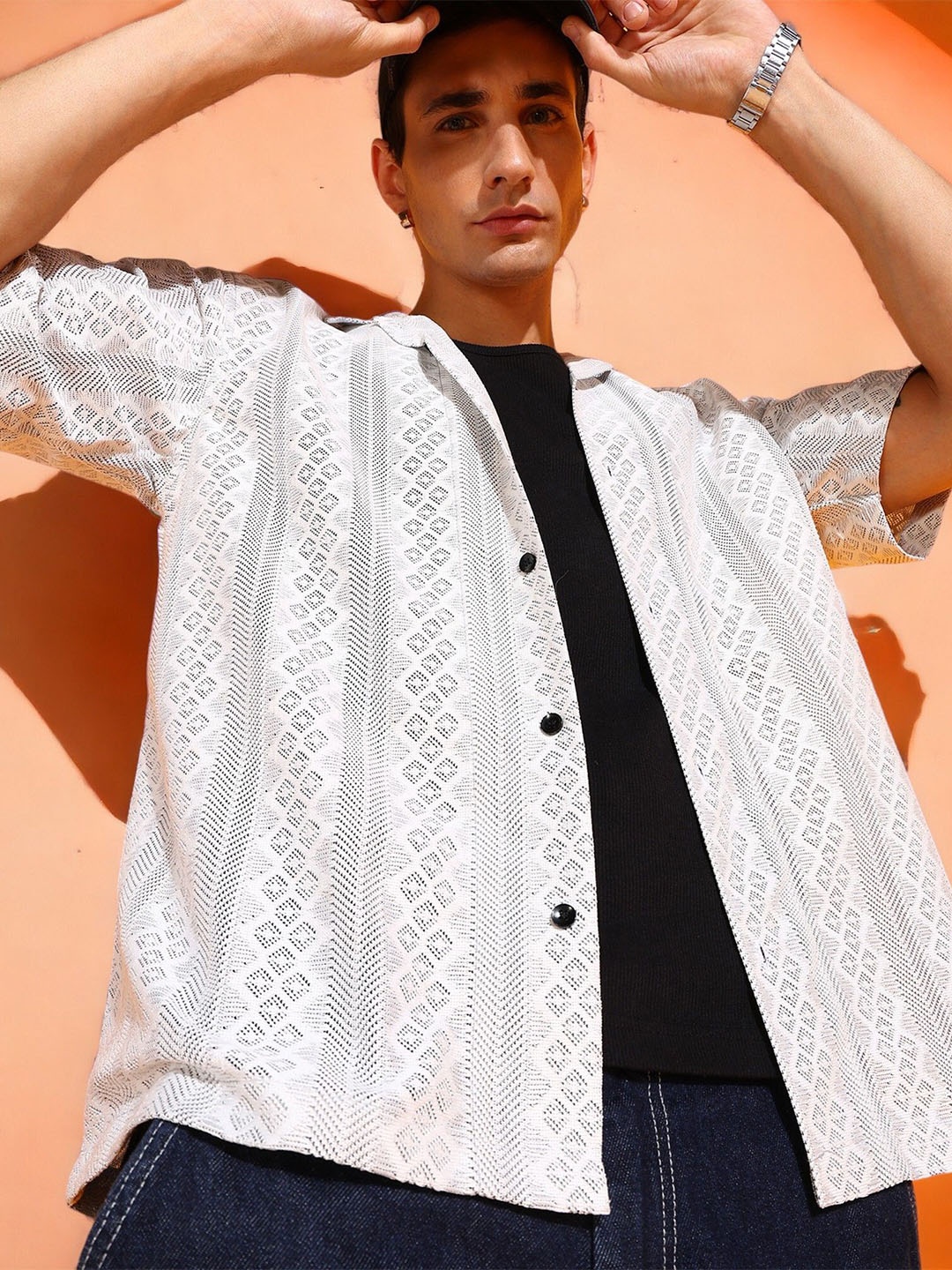 

INDICLUB Men Relaxed Fit Cuban Collar Textured Casual Shirt, White
