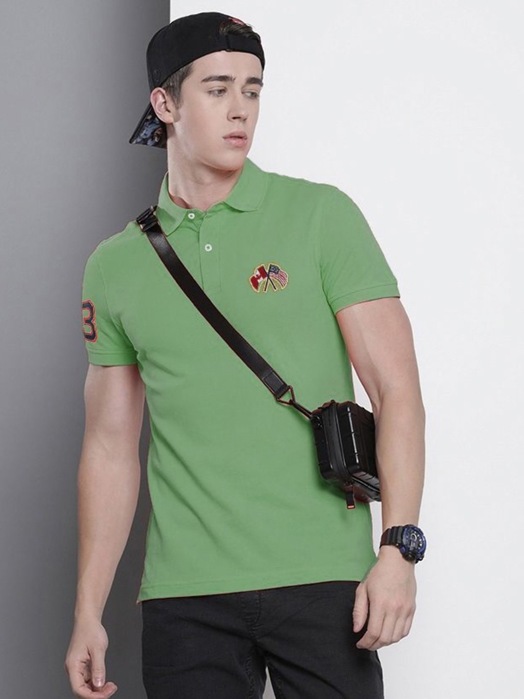 

MERRIMENT Men Solid Polo Collar Cotton T-shirt, Sea green
