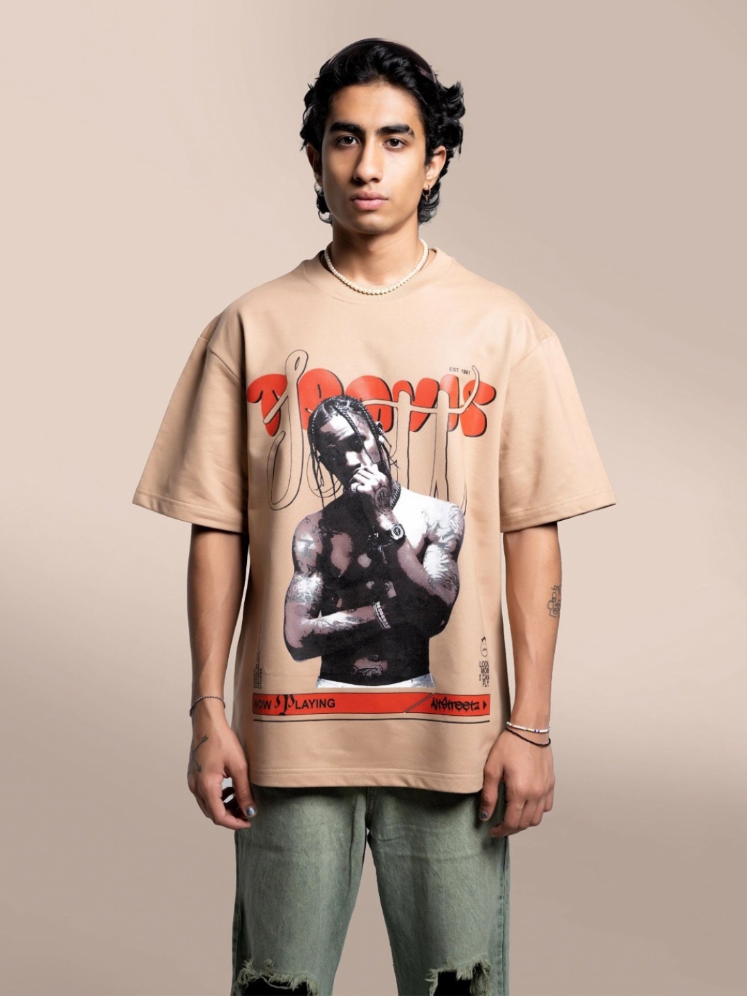 

Altstreetz Men Photographic Printed Round Neck Cotton Oversized T-shirt, Beige