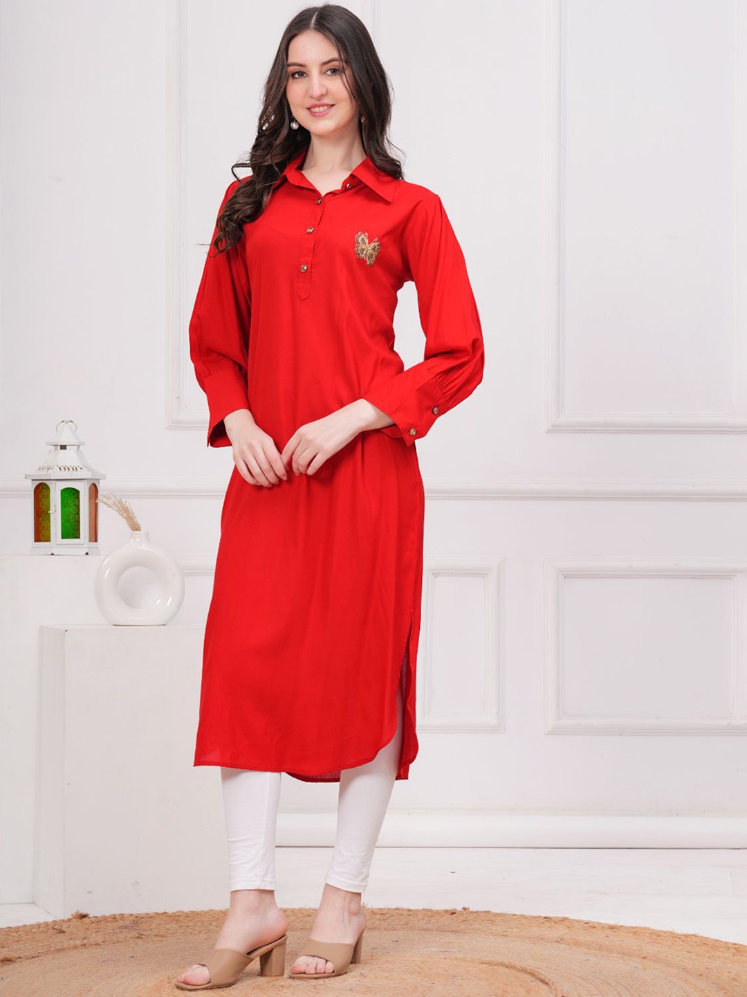 

JC4U Shirt Collar Straight Kurta, Red