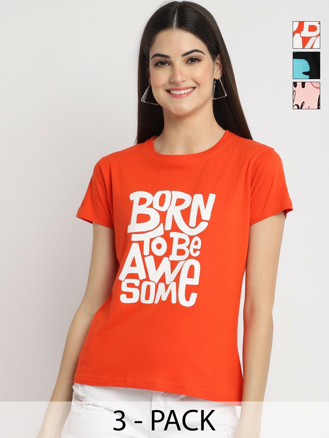 

Dreambe Women Pack Of 3 Typography Printed Round Neck Cotton T-shirts, Orange