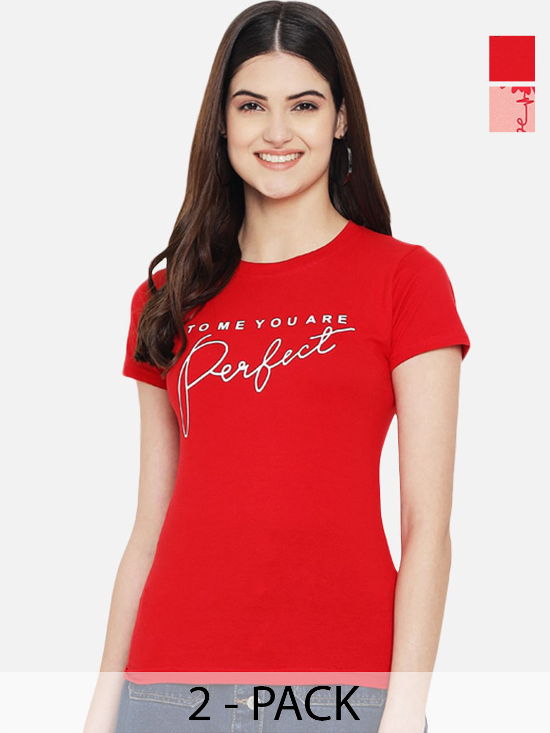 

Dreambe Women Pack Of 2 Typography Printed Round Neck Cotton T-shirts, Red