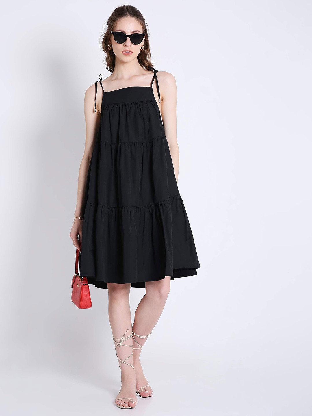 

French Theory Solid Gathered or Pleated Fit and Flare Tiered Midi Dress, Black