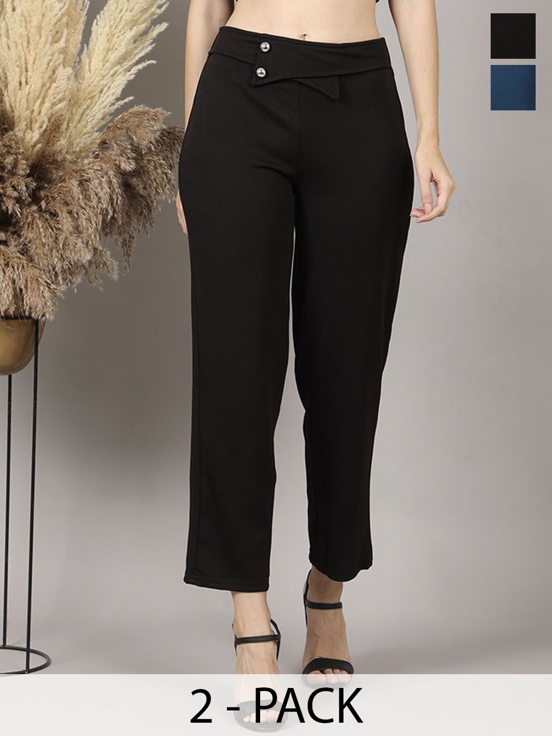 

PRIDEWEAR Women Pack Of 2 High-Rise Wrinkle Free Regular Fit Cropped Cigarette Trousers, Black