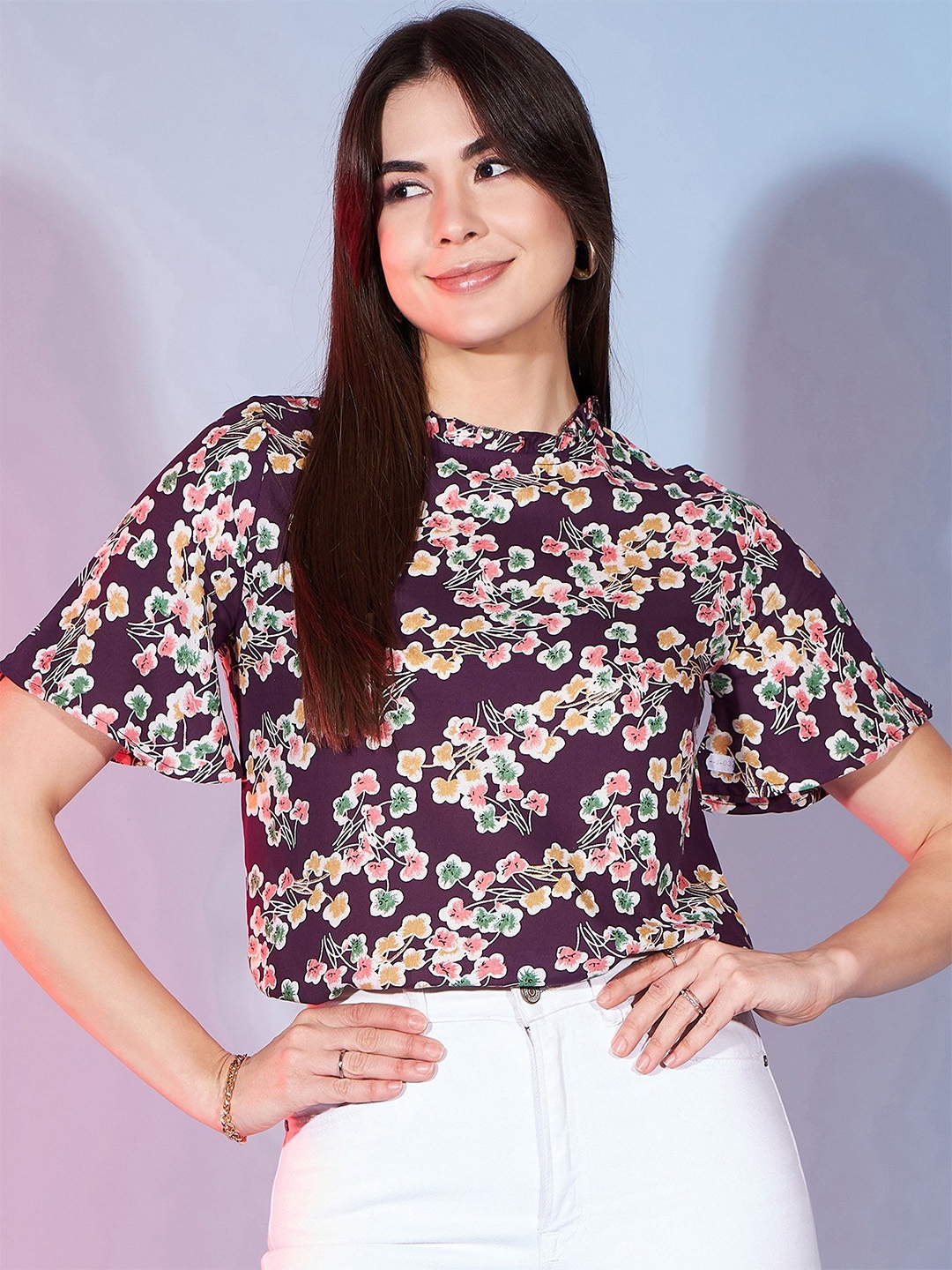

DressBerry Women Floral Printed Round Neck Regular Sleeves Top, Maroon