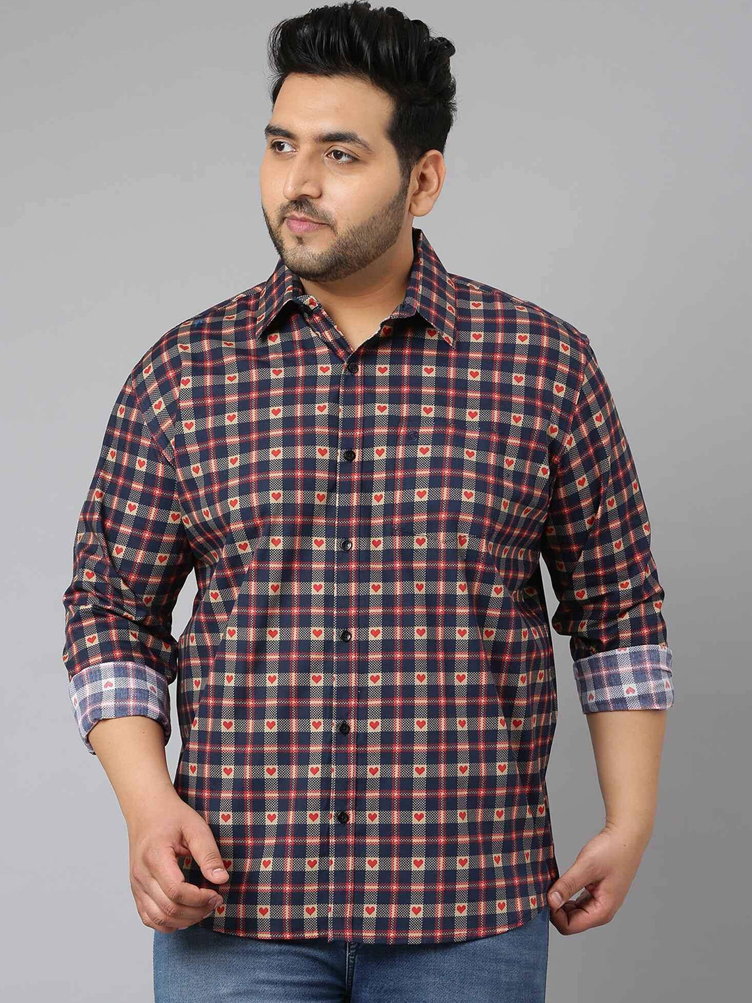 

Guniaa Men Plus Size Tailored Fit Spread Collar Tartan Checked Cotton Casual Shirt, Navy blue