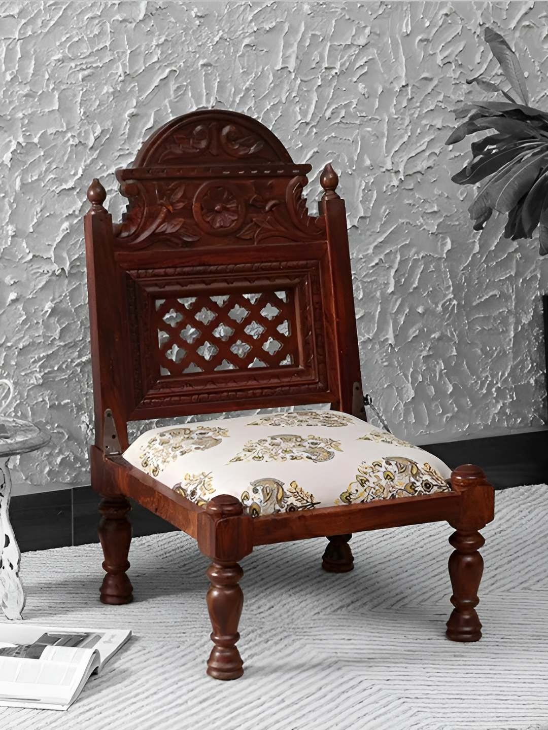 

GLOBALLY INDIAN Beige & Brown Wooden Carved Accent-Style Lounge Chair