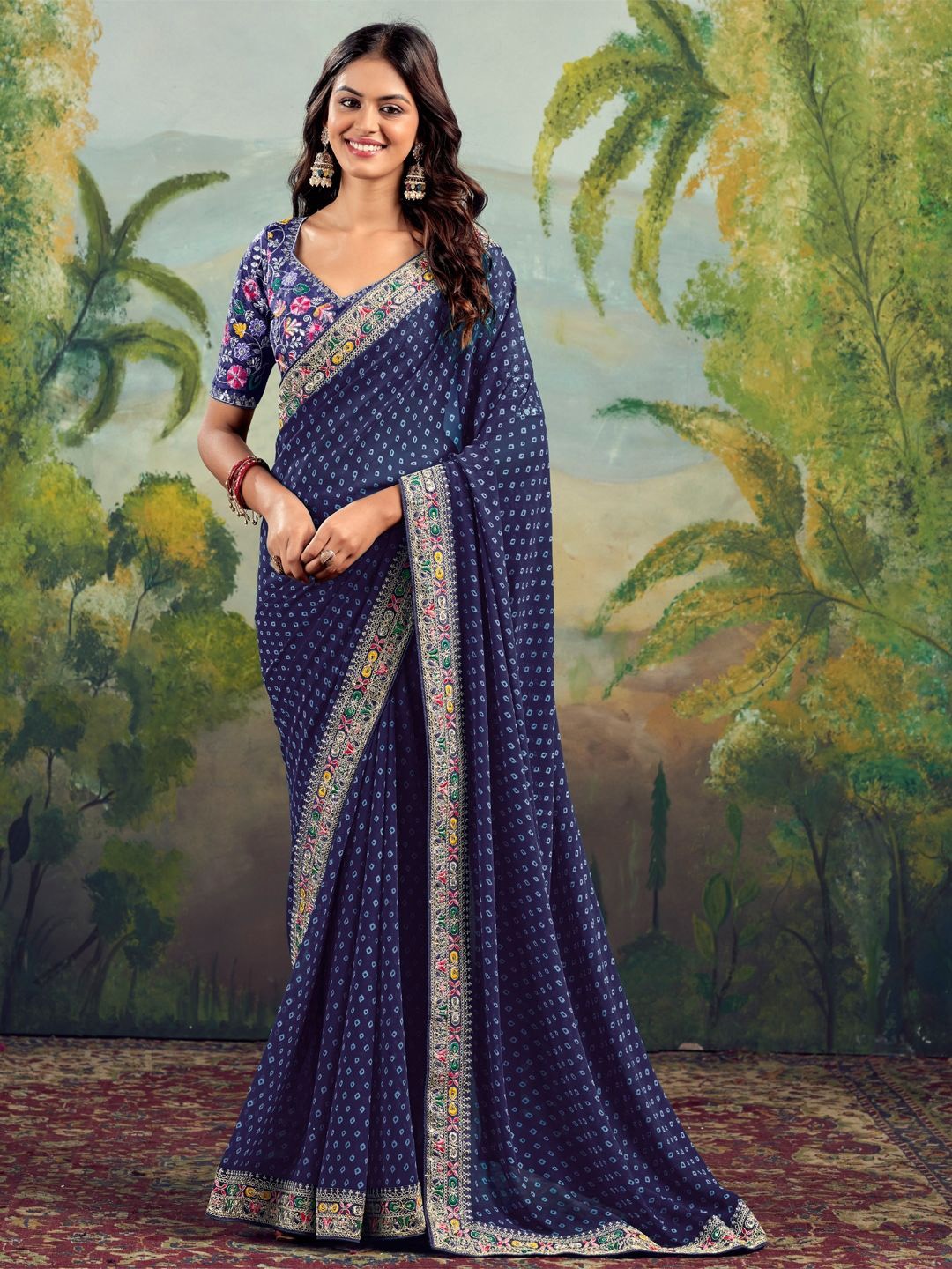 

CHUDIYA Bandhani Embroidered Pure Chiffon Saree, Blue