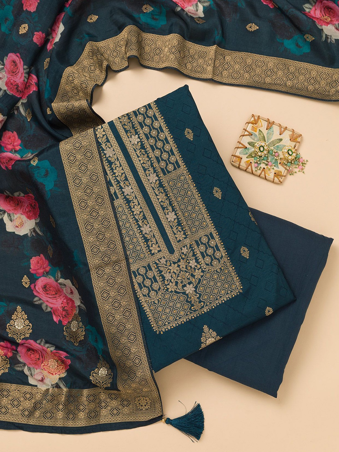 

Koskii Floral Embroidered Zari Unstitched Dress Material, Blue