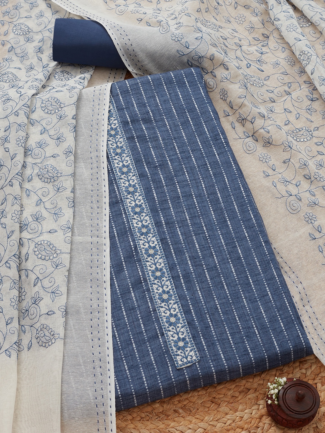 

Soch Floral Embroidered Thread Work Unstitched Dress Material, Navy blue
