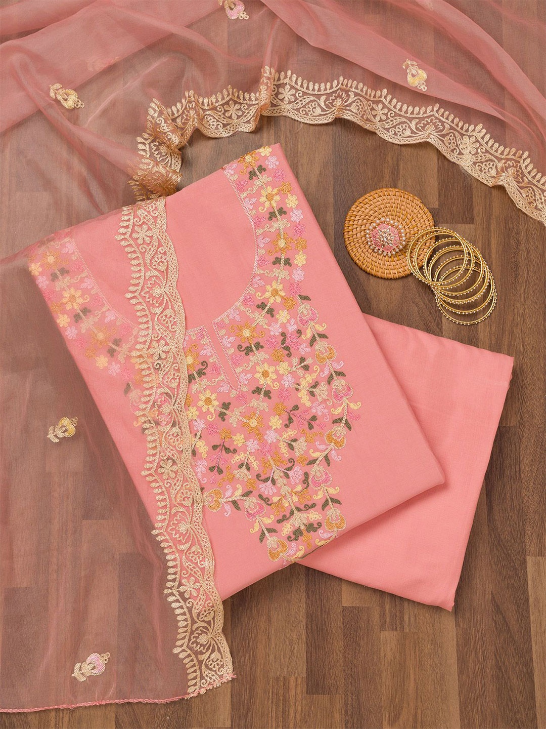 

Koskii Floral Embroidered Unstitched Dress Material, Peach