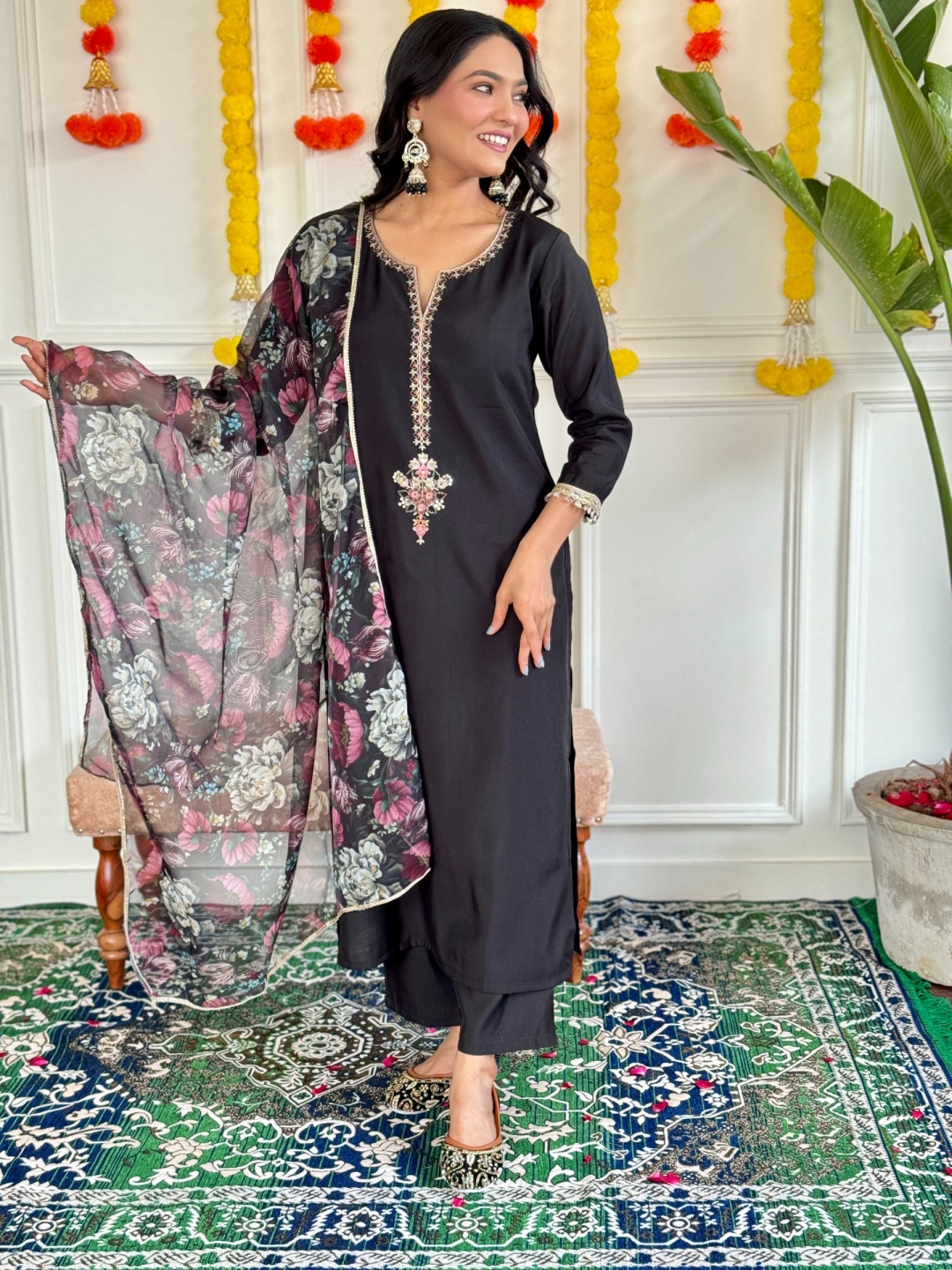 

KALINI Floral Embroidered Notch Neck Straight Kurta With Trousers And Dupatta, Black