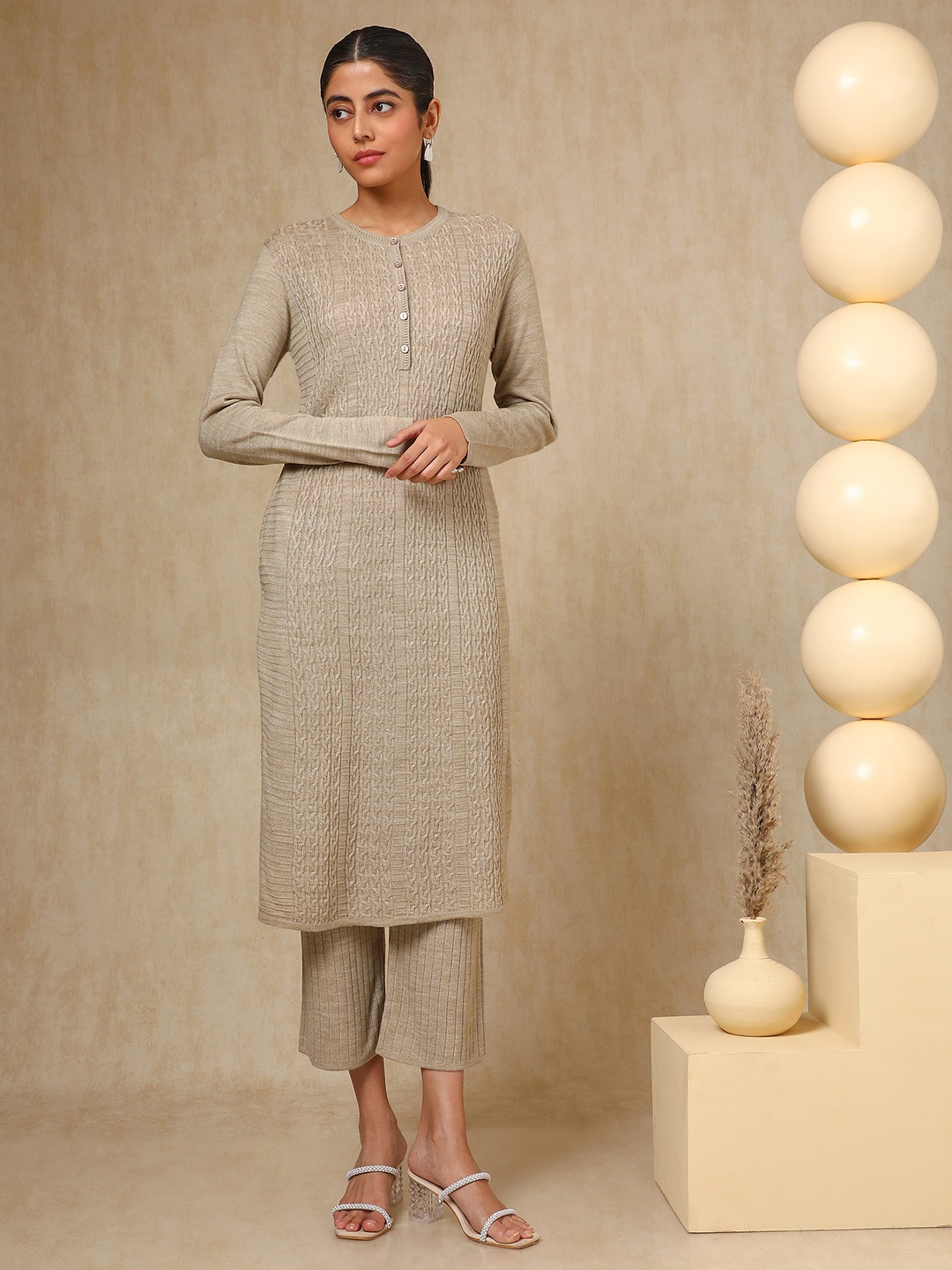 

Soch Beige Geometric Woven Design Acrylic Straight Kurta With Trouser