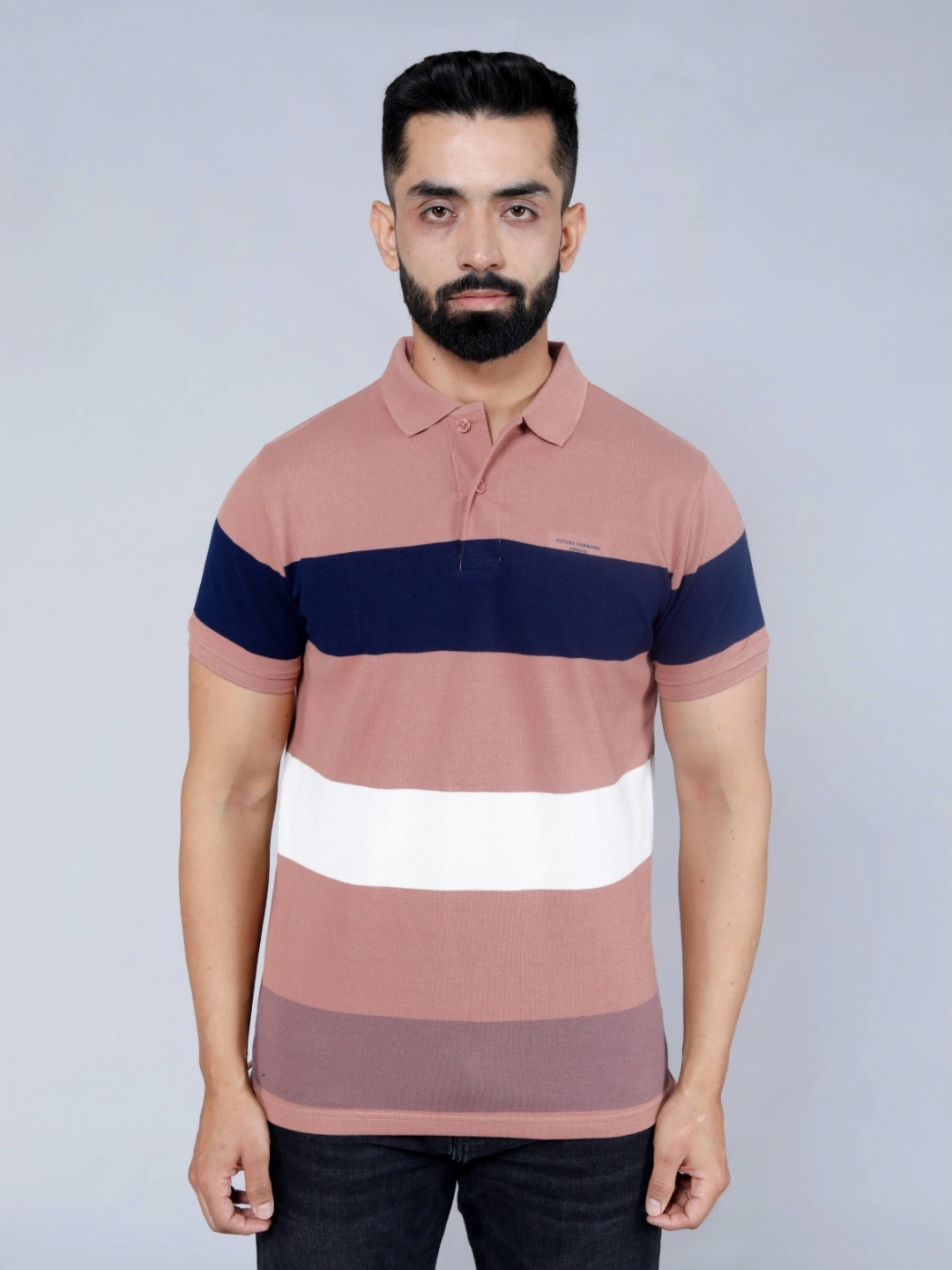 

ARBOUR Men Striped Polo Collar Cotton Slim Fit T-shirt, Peach
