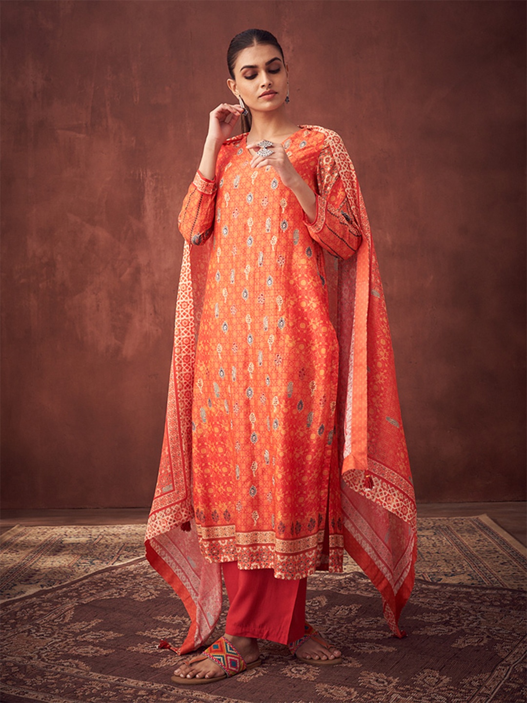 

SAUNDH Floral Printed Unstitched Dress Material, Orange