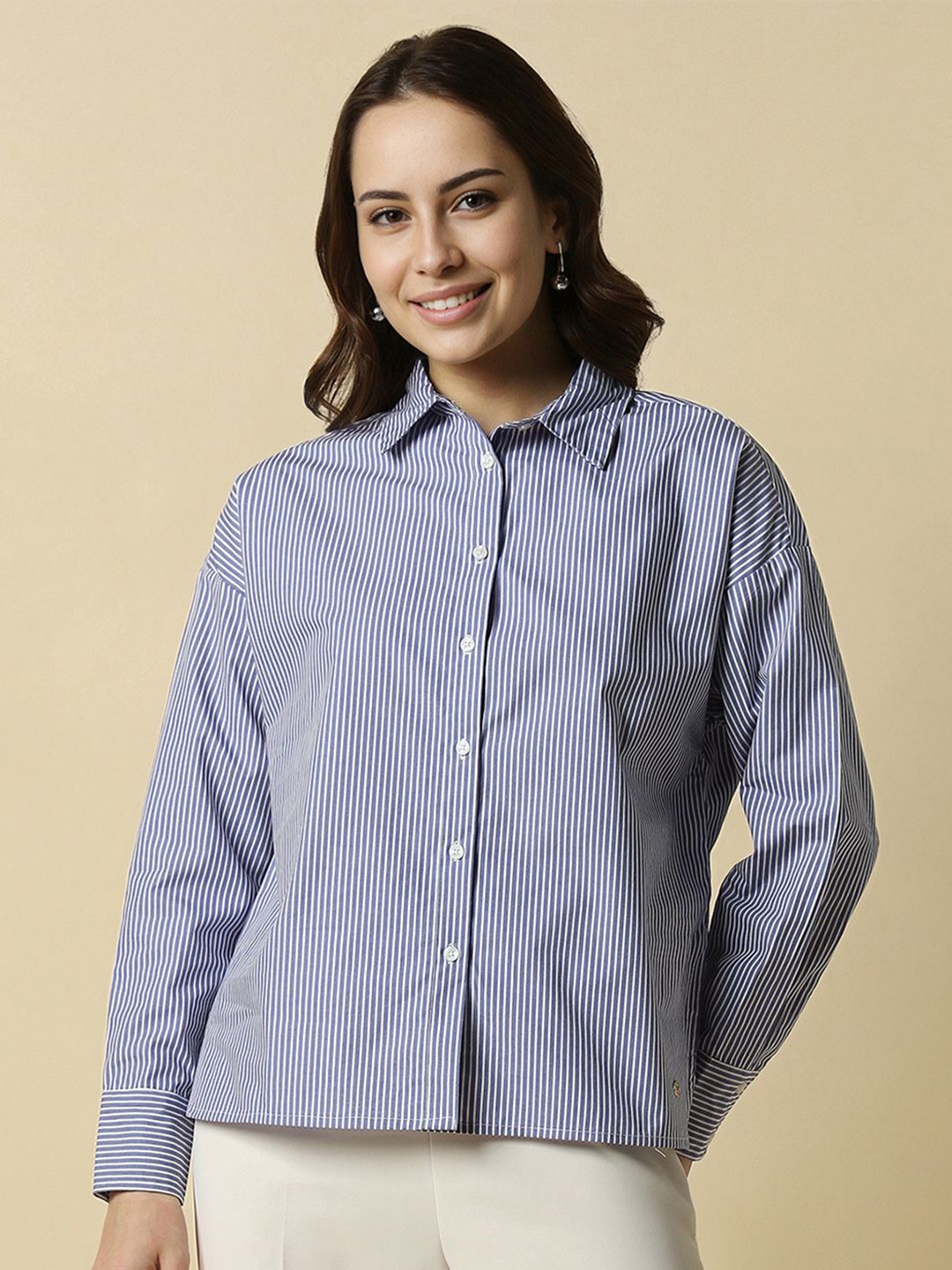 

Allen Solly Woman Spread Collar Vertical Striped Cotton Casual Shirt, Blue